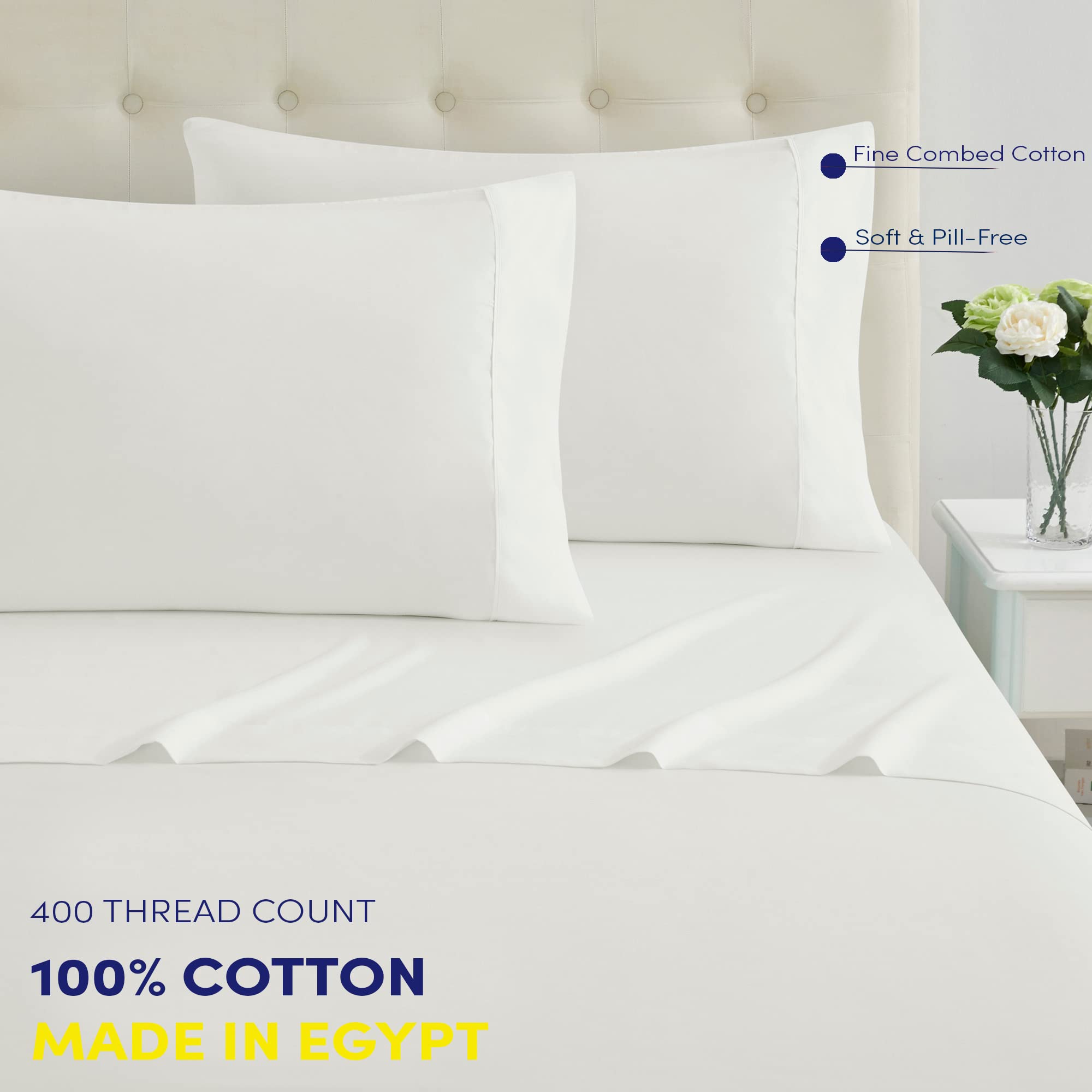 Premium 100% Egyptian Cotton Full Size Sheet Set - 400 Thread Count, Ultra Soft 4-Piece Bedding (Fitted Sheet, Flat Sheet & 2 Pillowcases) - Breathable & Durable for All-Season Comfort - Perfect for Master Bedroom, Guest Room or Dormitory