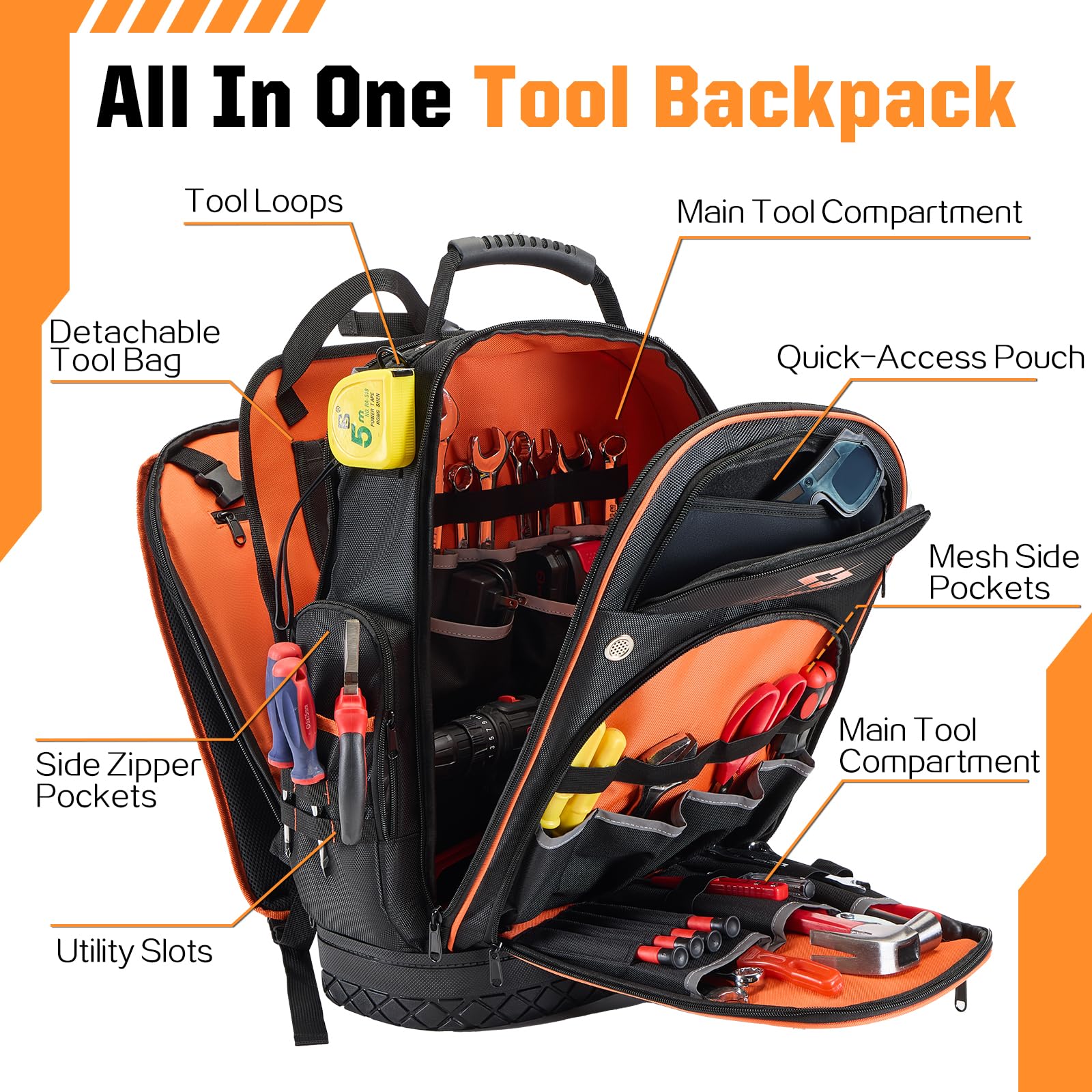 Golkcurx Heavy Duty 1680D Tool Backpack - Durable Molded Base Tool Bag for Electricians, Plumbers & Contractors - Perfect for Job Sites, Construction Work & Outdoor Repairs