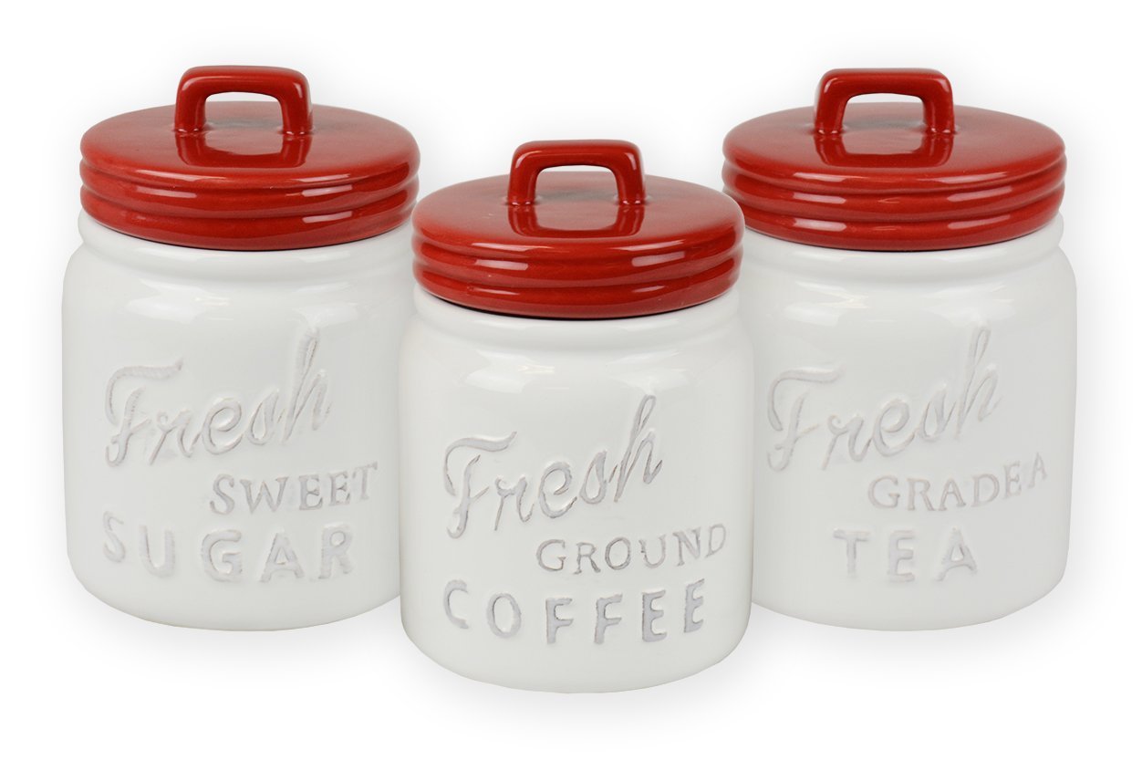 DII Ceramic Canister Set for Kitchen Storage - 3-Piece Airtight Food Containers with Lids, Red - Perfect for Pantry Organization, Coffee, Tea, Sugar & Flour Storage