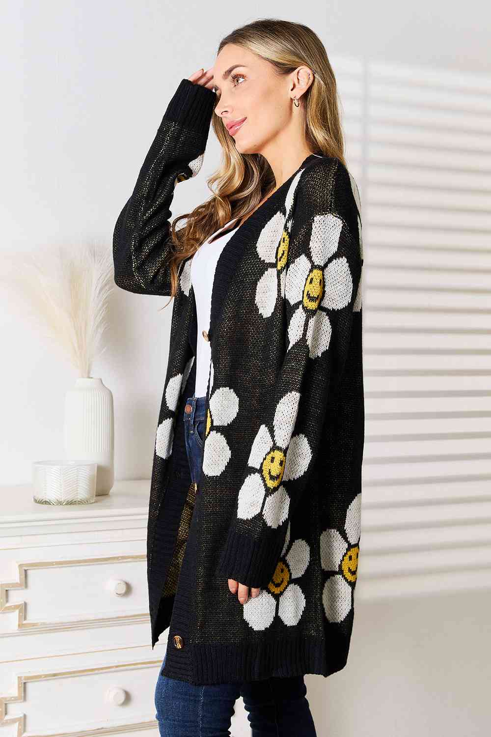 Black Smiley Face Floral Button Down Longline Cardigan for Women - Cute & Stylish Open Front Sweater for Casual Outfits, Date Nights & Layering