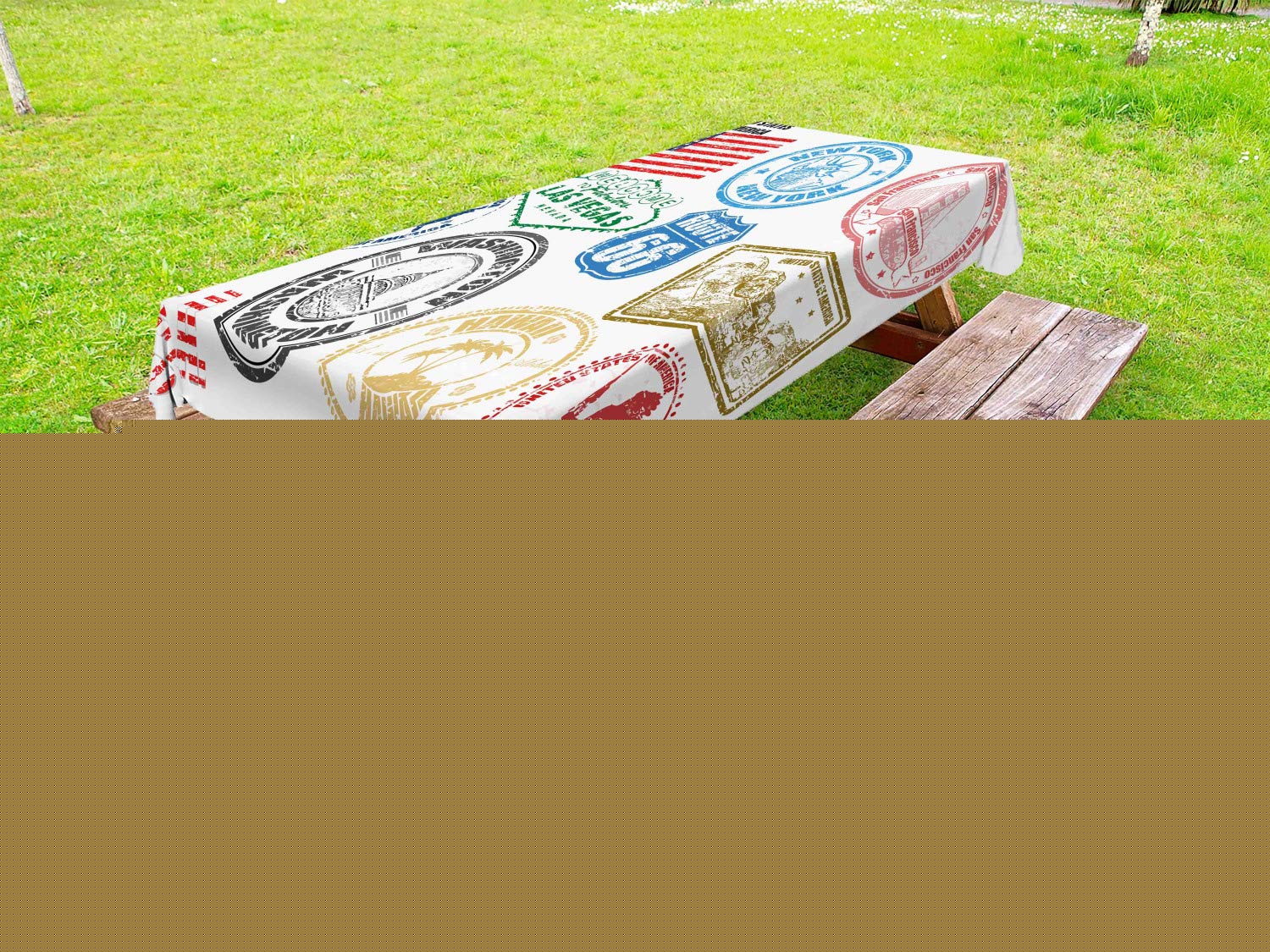 Ambesonne USA Patriotic Outdoor Tablecloth - Grunge Stamps Design Featuring Las Vegas, New York, San Francisco & Hawaii - Washable Picnic Table Cover 58