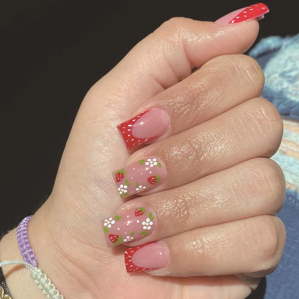 24Pcs Red Strawberry French Square Fake Nails - Cute False Nail Tips with Jelly Glue for Women, Easy to Apply & Remove, Perfect for Parties, Weddings, and Daily Fashion Looks