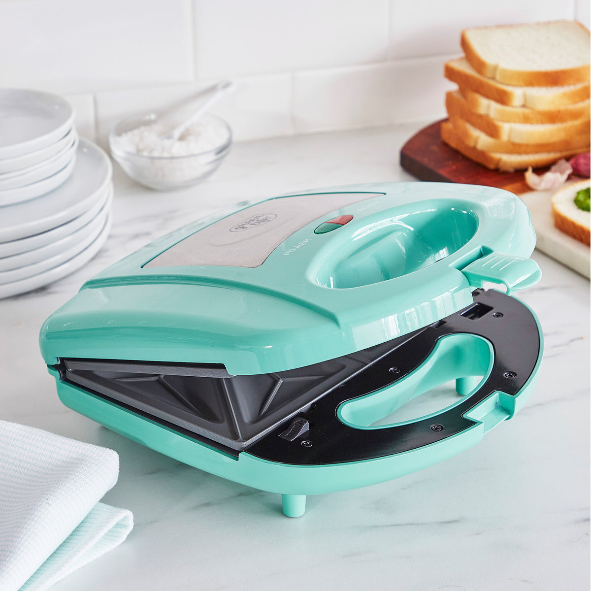 GreenLife Non-Stick Waffle Maker and Sandwich Press Combo - 2-in-1 Breakfast Appliance with Adjustable Temperature (Turquoise) | Perfect for Family Breakfast, Brunch, and Quick Snacks