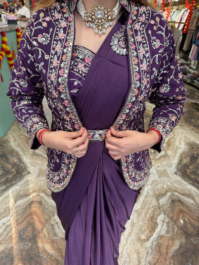 Elegant Purple Indo-Western Saree Blouse & Koti Set - Ready to Wear for Weddings, Parties & Festive Occasions