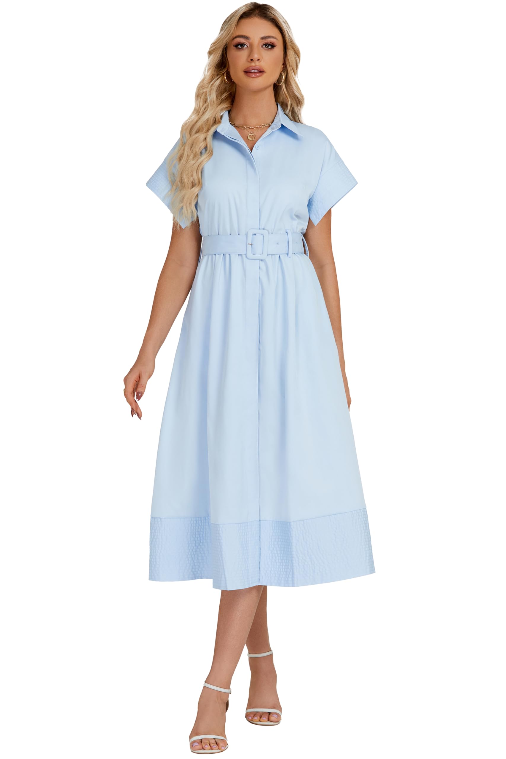 Stylish Women's Casual Button Down Shirt Dress with Short Wing Sleeves & Belt | Elegant Business Midi Dress in Light Blue | Perfect for Office Wear, Summer Outfits & Casual Occasions