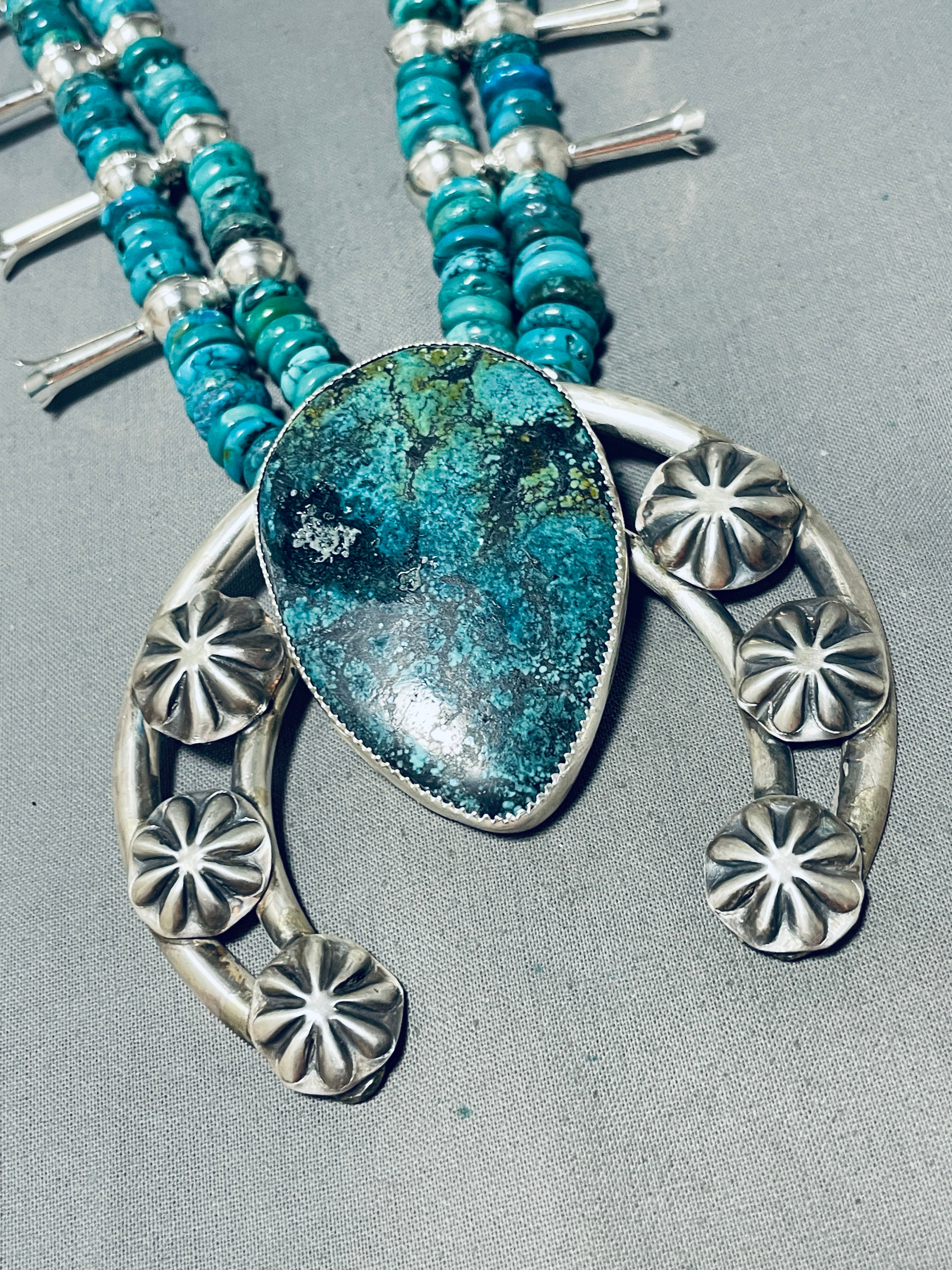 Authentic Navajo Sterling Silver Squash Blossom Necklace with Pilot Mountain Turquoise (190+ Grams) - Handcrafted Native American Jewelry for Women, Perfect for Weddings, Festivals & Special Occasions