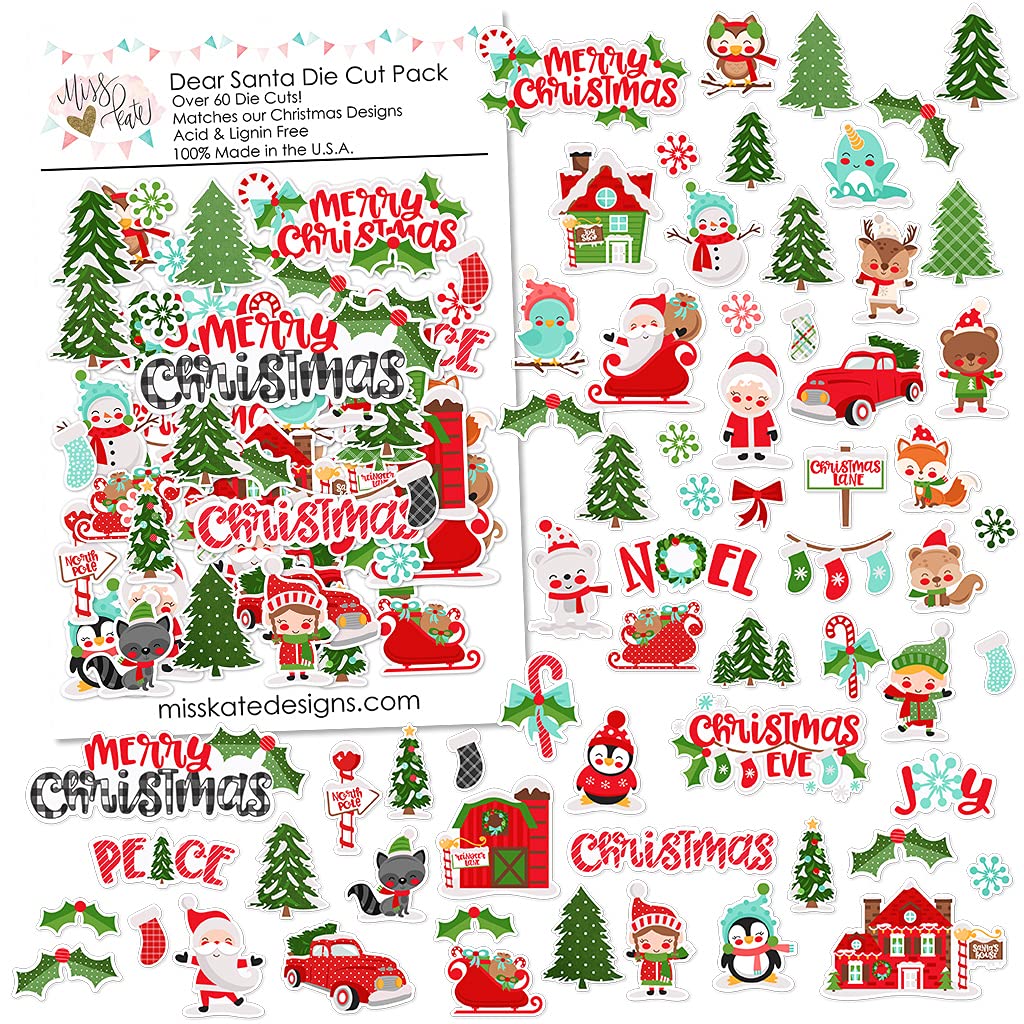 Christmas Paper Die Cuts - Dear Santa Scrapbook Embellishments - 60+ Cardstock Die Cuts for Holiday Cards & DIY Crafts - by Miss Kate Cuttables - Perfect for Scrapbooking, Greeting Cards, and Festive Home Decor