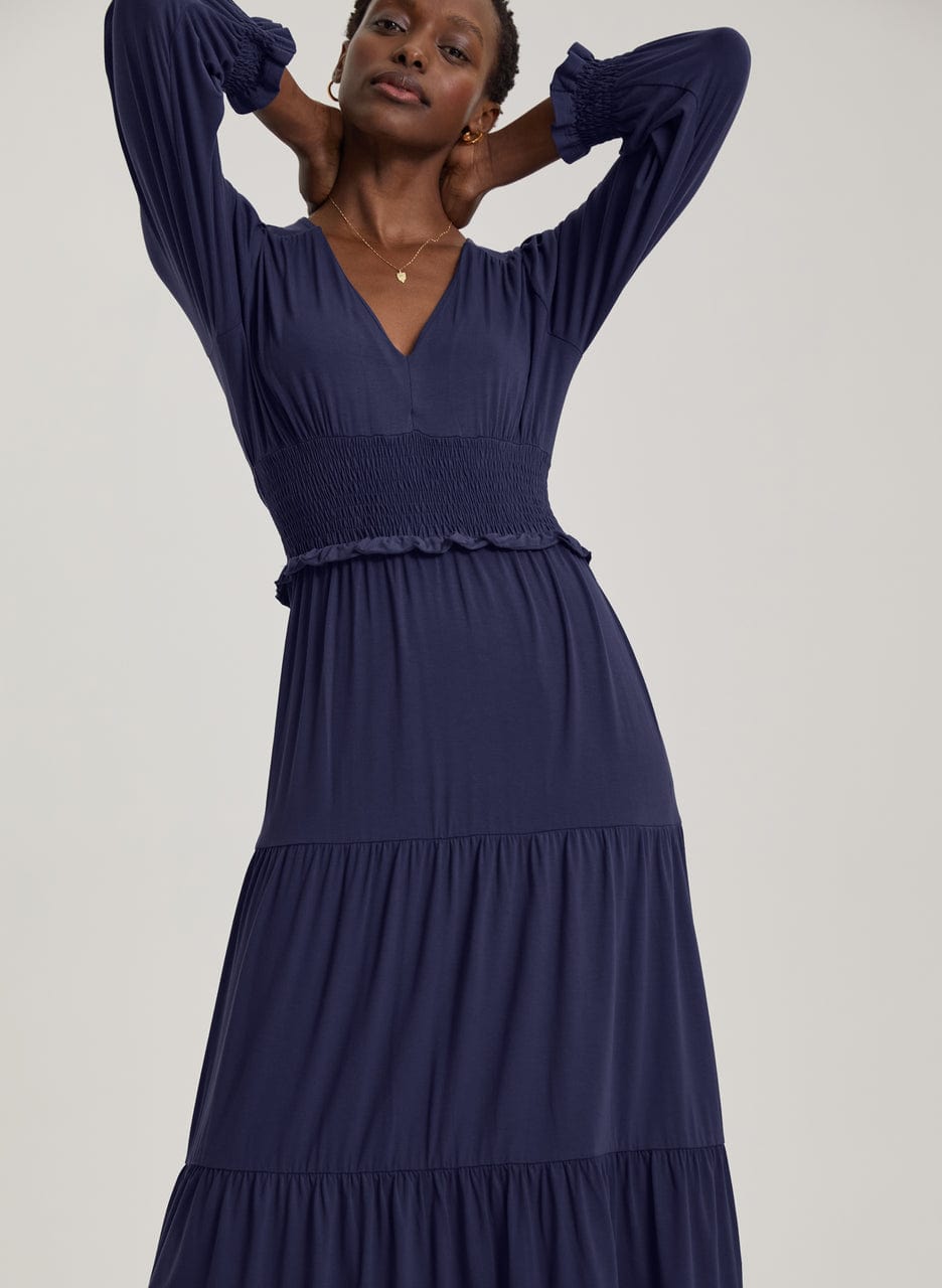 Airin Smocked Waist LENZING™ ECOVERO™ Jersey Midi Dress for Women | Sustainable Viscose Fabric | Elegant Midnight Blue | Perfect for Summer Parties, Beach Vacations & Date Nights