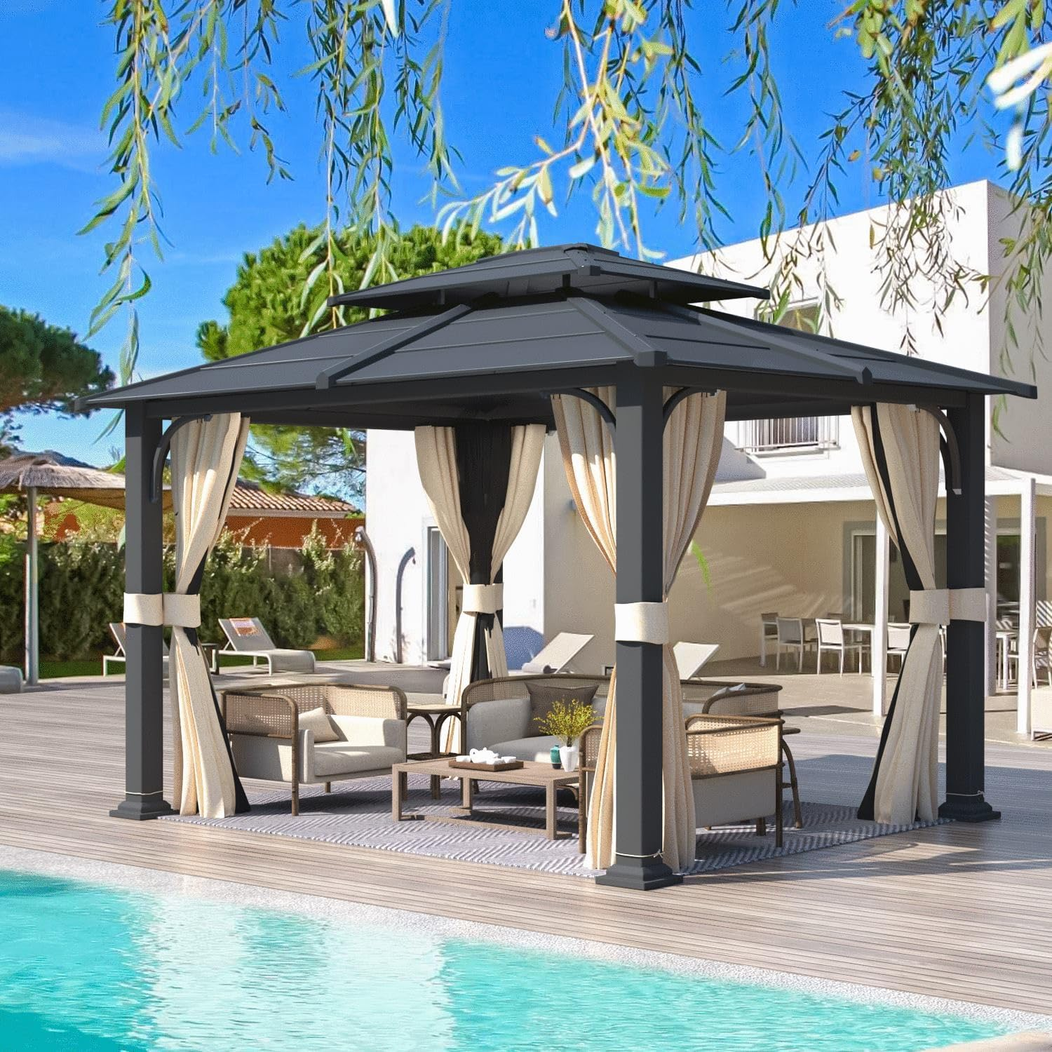 EROMMY 10' x 12' Hardtop Gazebo with Double Iron Roof, Anti-Rust Coating Frame, Curtains & Netting - Perfect for Outdoor Patio, Garden, Backyard, and Poolside Relaxation