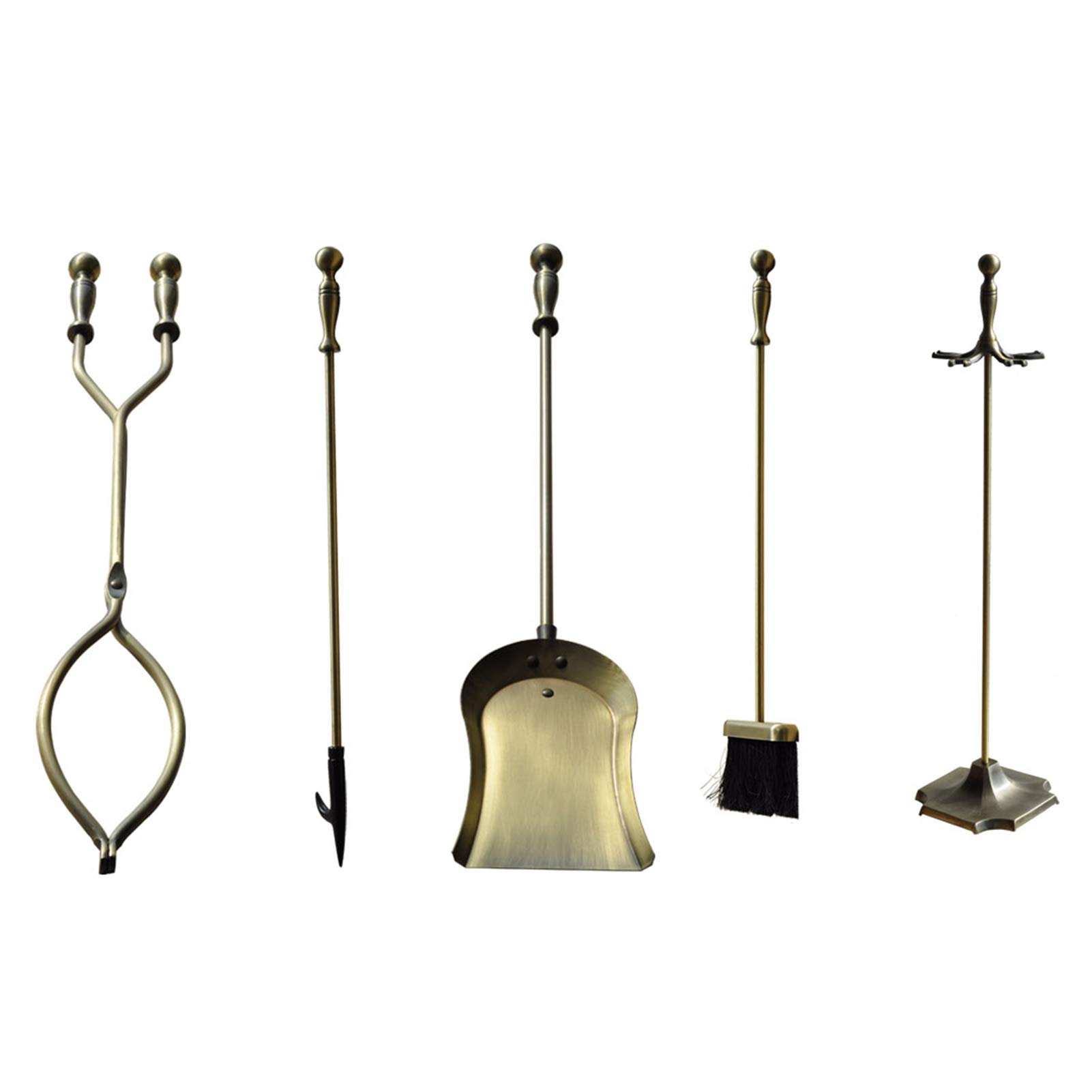 Antique Brass Fireplace Tool Set (5-Piece) - Wrought Iron Fireplace Accessories with Stand - Includes Tongs, Shovel, Brush & Poker - Perfect for Fireplace Maintenance & Home Decor