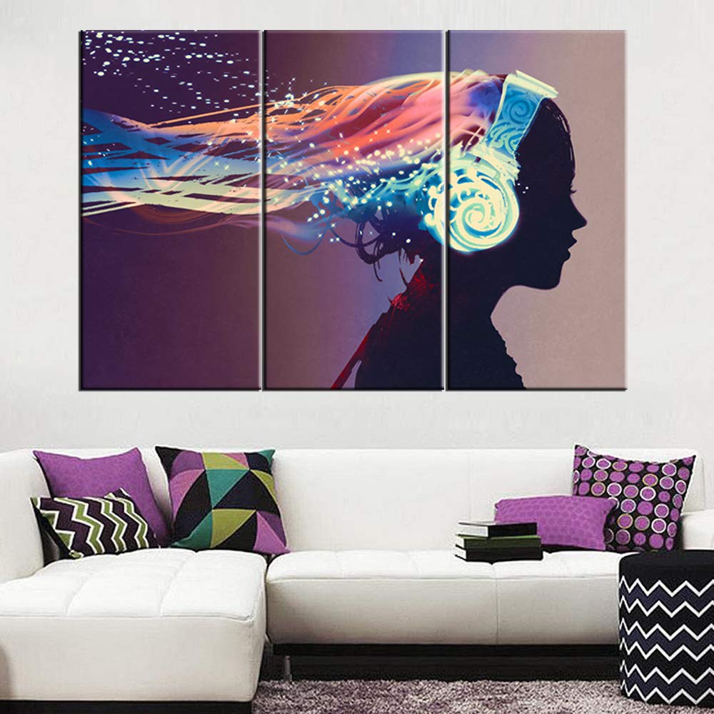 TUMOVO 3-Panel Canvas Wall Art - Modern Abstract Woman with Glowing Headphones Painting, Dark Background Giclee Print, Framed & Ready to Hang (60x40 Inches) - Perfect for Living Room, Bedroom & Office Decor