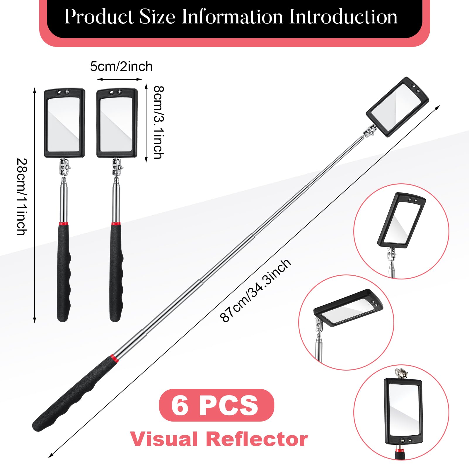 6-Piece LED Telescoping Inspection Mirror Set - Retractable Under Vehicle Detection Tool with Bright LED Light for Car Repair & Maintenance - Ideal for Mechanics, DIY Auto Enthusiasts & Home Inspections