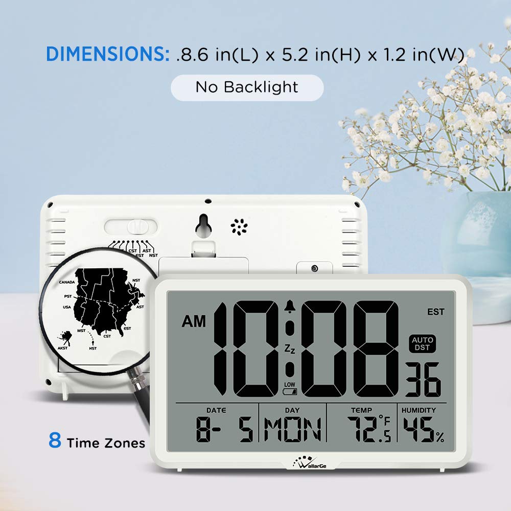WallarGe Auto Set Digital Wall Clock with Temperature & Humidity - Large Display Battery Operated Desk Clock with Date, 8 Time Zones & Auto DST - Perfect for Elderly, Bedroom, Office & Home Use
