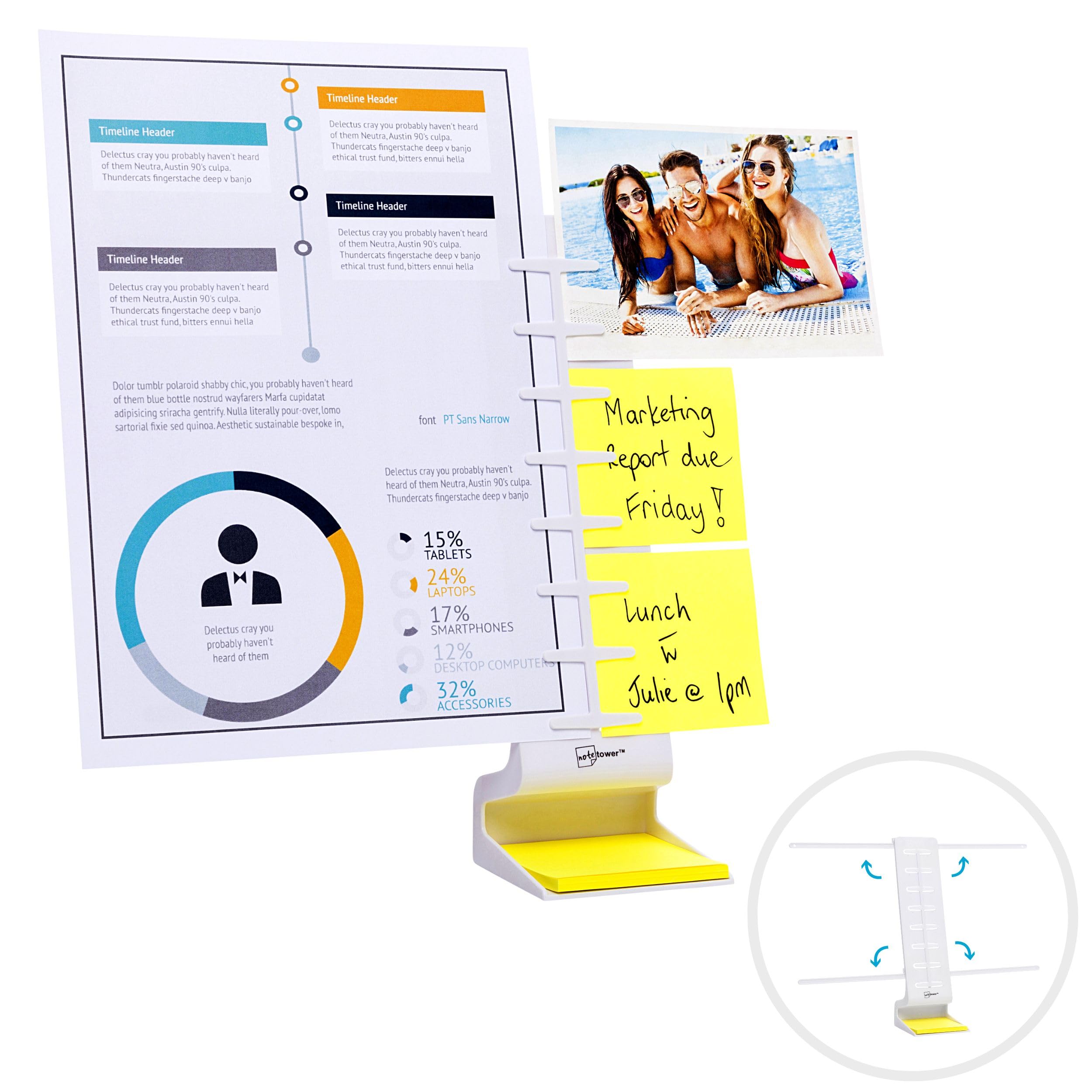 Note Tower Desktop Pro Dual Document Holder for Typing | Compact 2-Page Paper Stand for Desk | Organizer for Copy Paper, Photos & Sticky Notes | Includes 3x3 Post-it Notes | White | Perfect for Office, Study & Home Workspace Organization