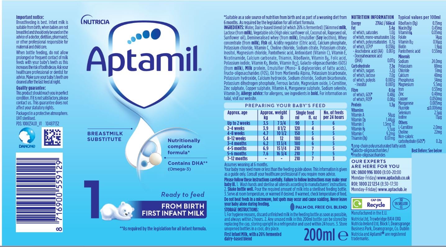 Aptamil 1 First Infant Baby Milk Ready to Use Liquid Formula - 1.2L (18x200ml) for Newborns from Birth | Easy Feeding Solution for On-the-Go Parents & Nighttime Feedings