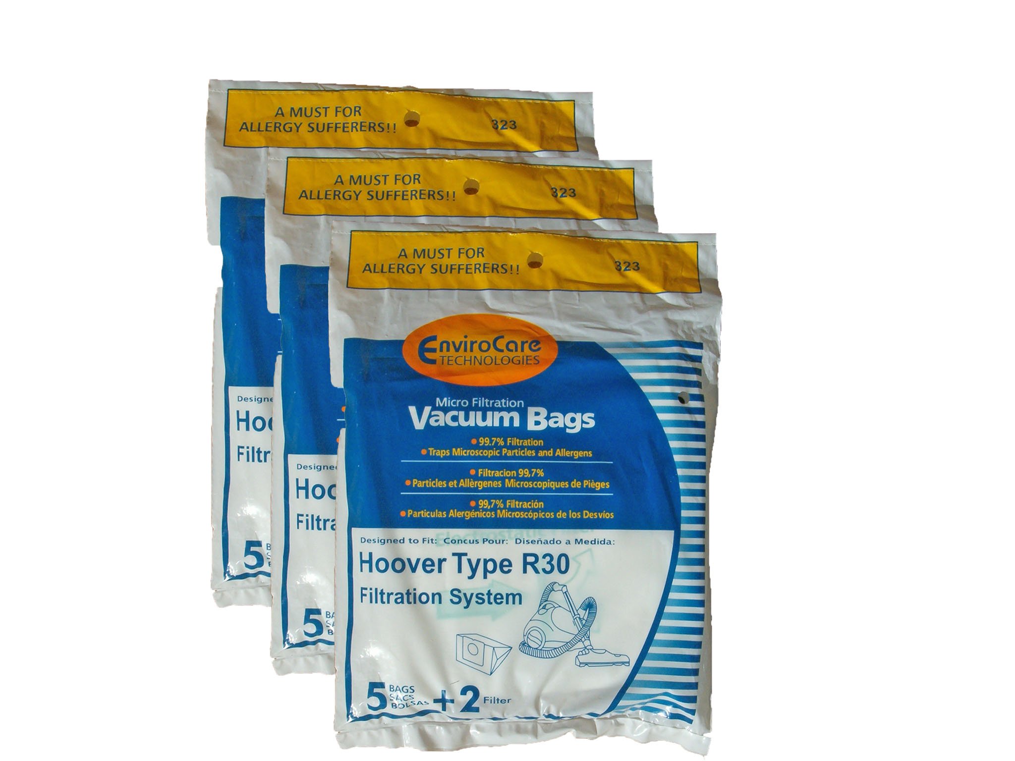 Hoover R30 Allergy Vacuum Bags - 15 Pack with 6 HEPA Filters for Canister Vacuum Cleaners (Model 40101002, S1361, Type R30) - Perfect for Pet Hair, Dust, and Allergen Removal in Homes with Allergies