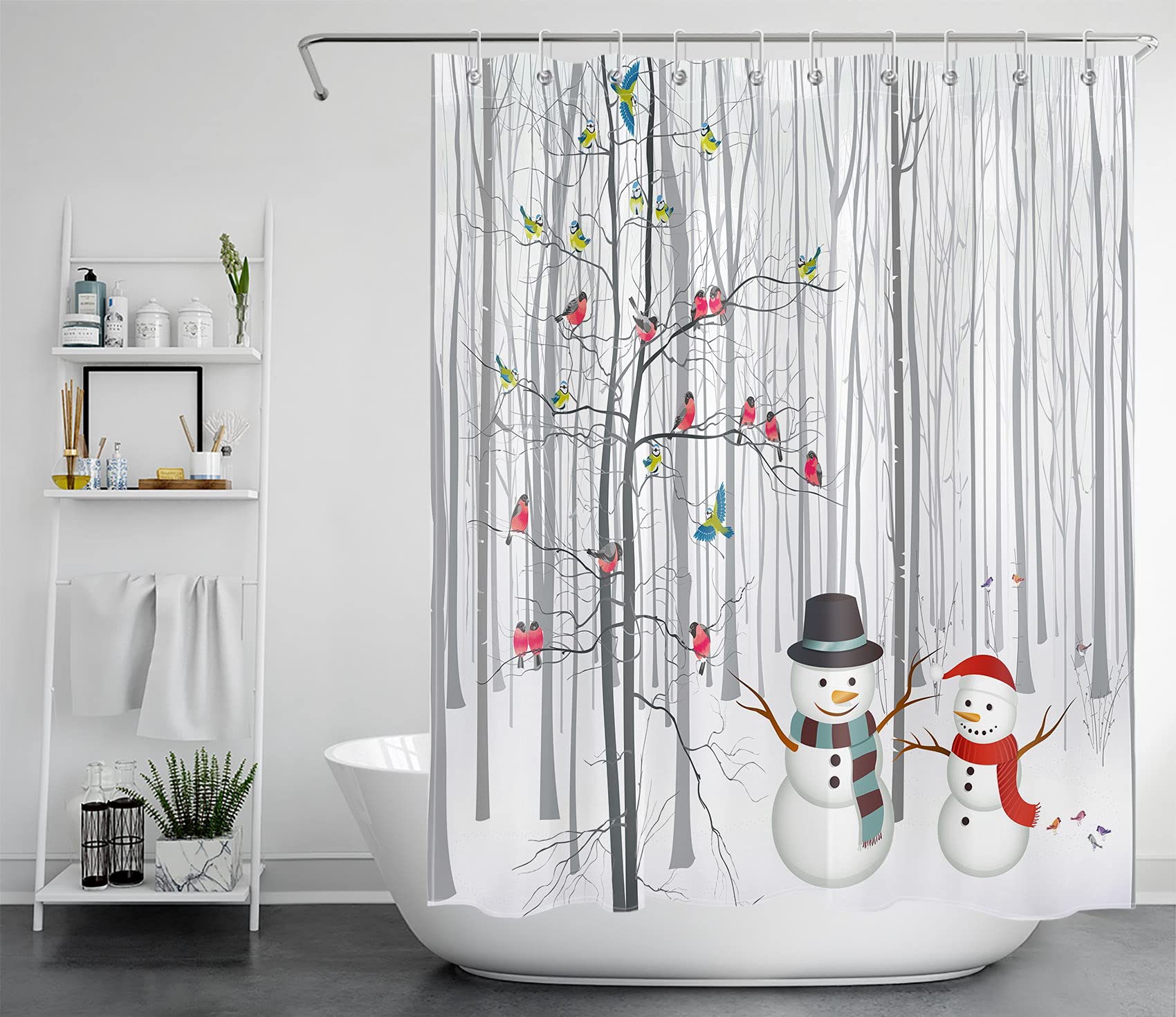 HVEST Winter Shower Curtain - Snowmen & Cardinals Forest Design with Hooks, Waterproof Polyester Fabric for Christmas Bathroom Decor (60x72 Inches) - Perfect for Holiday Home Decor and Cozy Winter Bathroom Themes