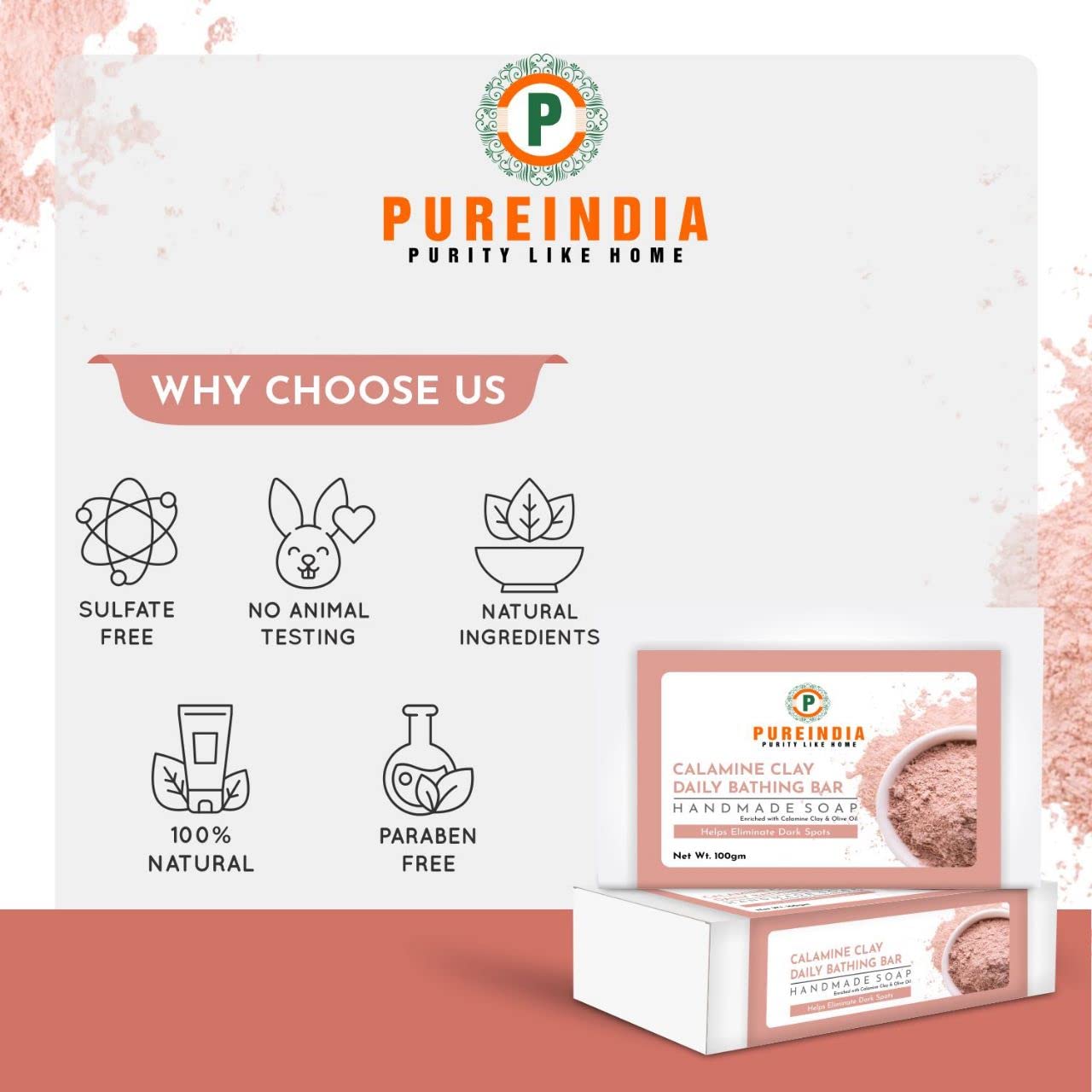 PureIndia Handmade Calamine Clay Soap Bar for Acne, Oily Skin & Sensitive Skin - Natural Exfoliating & Cleansing Bar (Pack of 3, 100g Each) - Perfect for Daily Skincare Routine & Spa Bathing