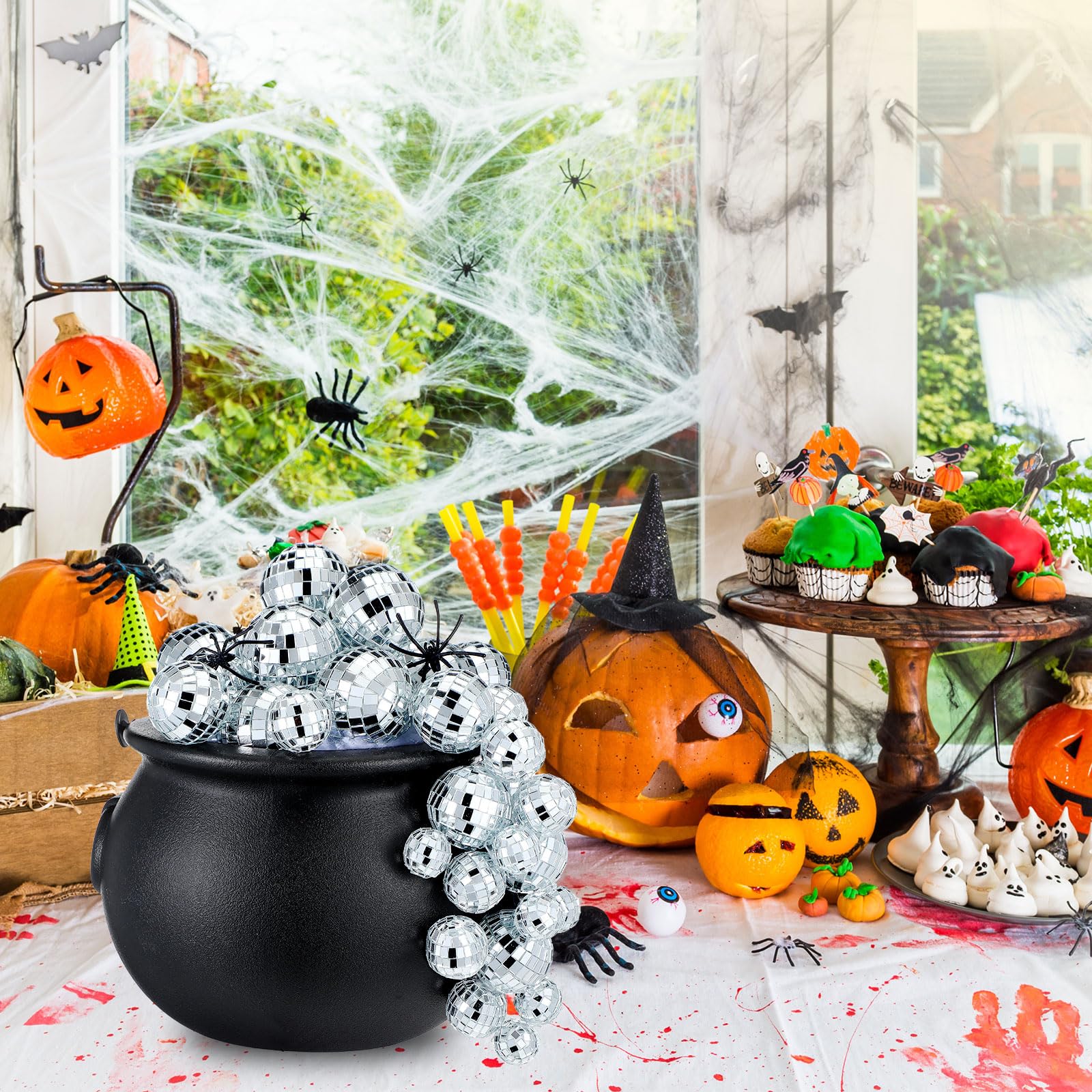 Jenaai 96 Pcs Halloween Party Decorations Kit - Plastic Witch Cauldron with Disco Bubbling Effect, 40 Ball Ornaments, 2 LED Light Strings, 20g Spider Webs, 2 Fake Spiders & 50 Adhesive Points - Perfect for Halloween Decor, Themed Parties & Spooky Home Decorations