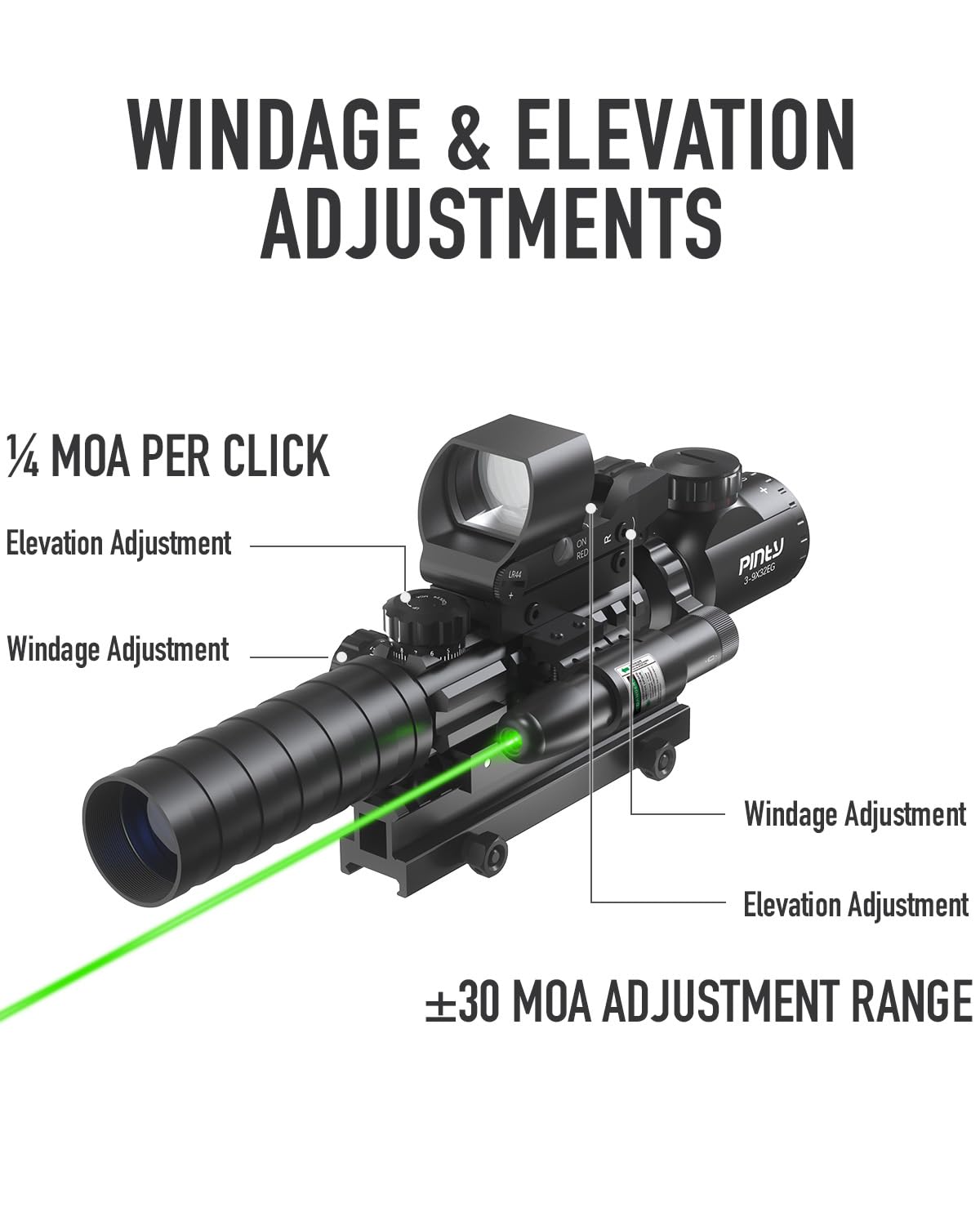 PINTY 4-in-1 Tactical Rifle Scope Combo with 3-9x32 Illuminated Hunting Scope, Red/Green Dot Sight & Laser - Picatinny Riser Mount for Hunting, Target Shooting & Home Defense