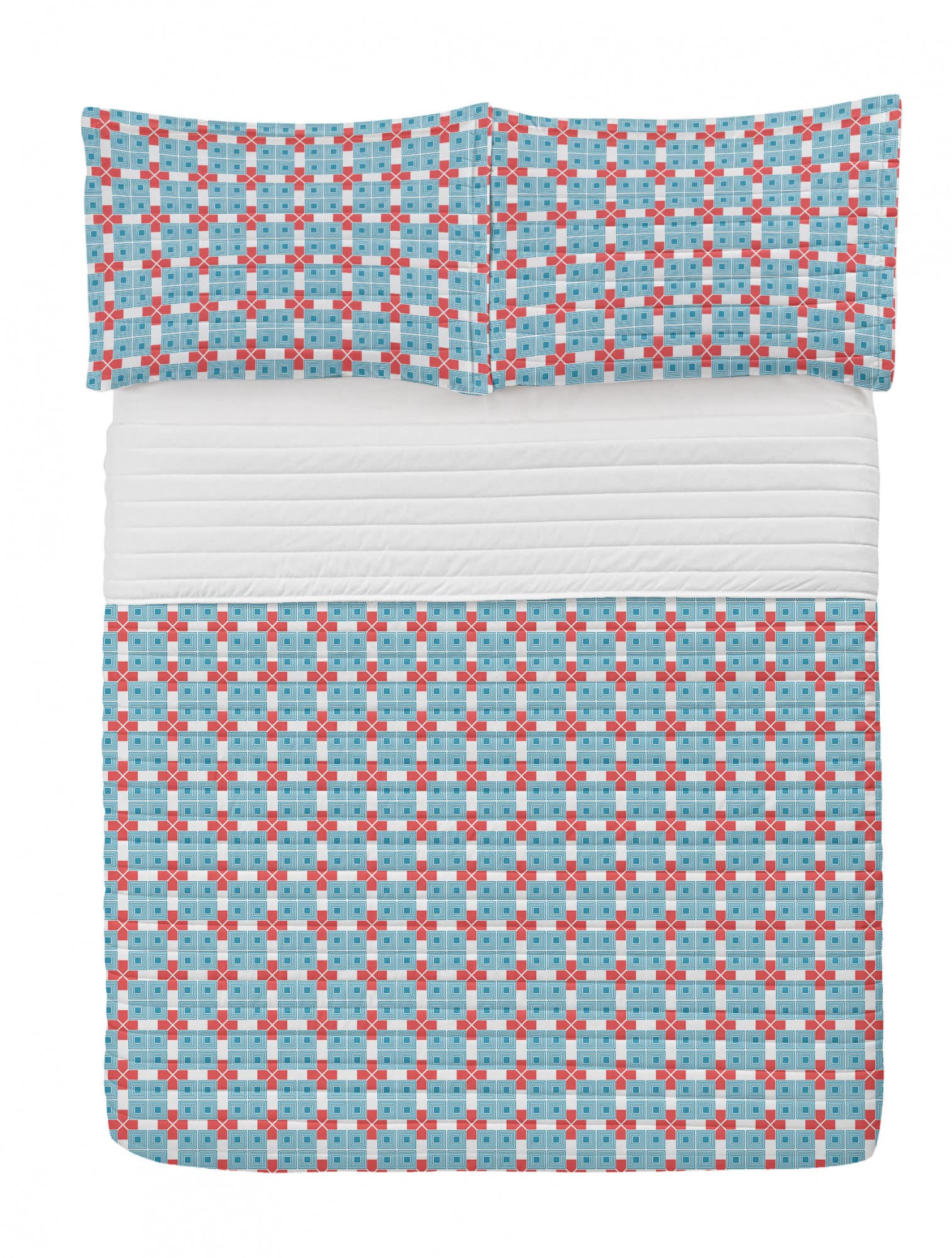 Ambesonne Abstract Microfiber Bedspread Set - Greek Squares Geometric Mosaic Pattern, Soft Queen Size Bedding with Pillow Shams & Comforter in White, Sea Blue & Coral | Perfect for Modern Bedrooms, Guest Rooms & Coastal Home Decor