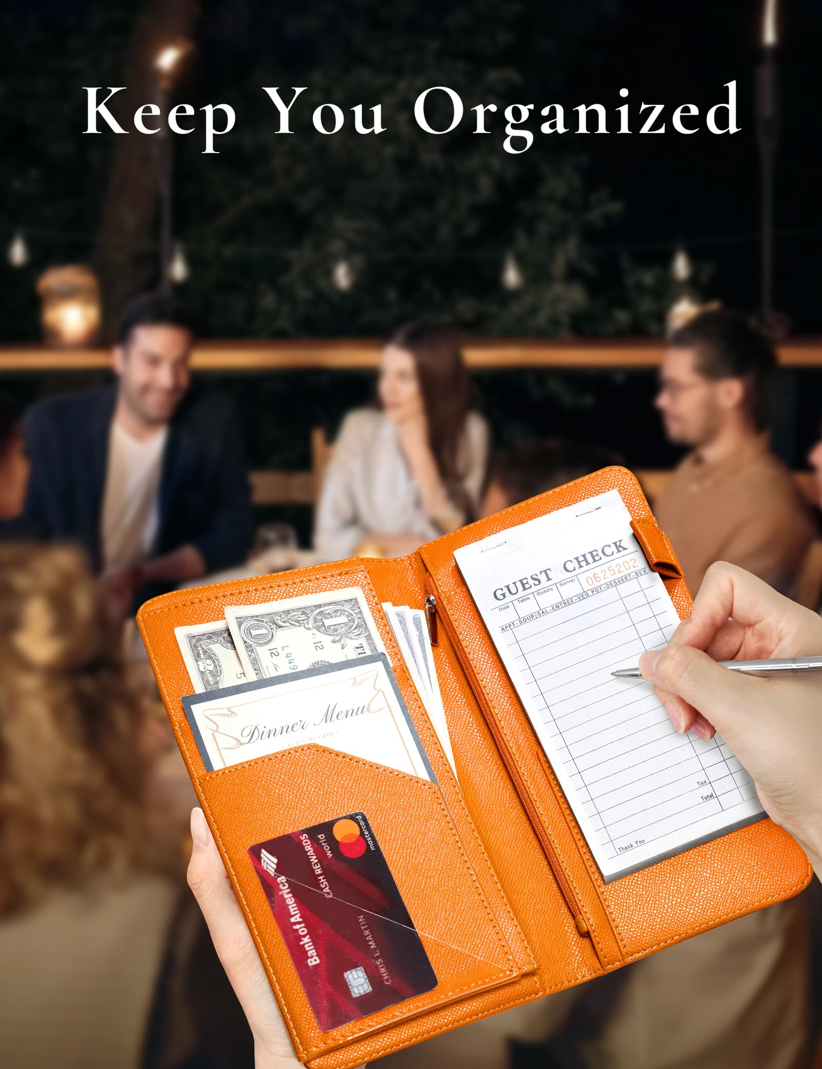 **Mymazn Server Book with Zipper & Magnetic Pocket - Cute Waitress Check Booklet for Waiters & Waitresses - Guest Check Organizer with High-Capacity Pockets - Perfect for Restaurants, Cafes & Hospitality Staff (Orange)**    **Usage Scenarios:** Ideal for servers, bartenders, and hospitality professionals to efficiently manage orders, tips, and receipts in busy restaurants, bars, and cafes.
