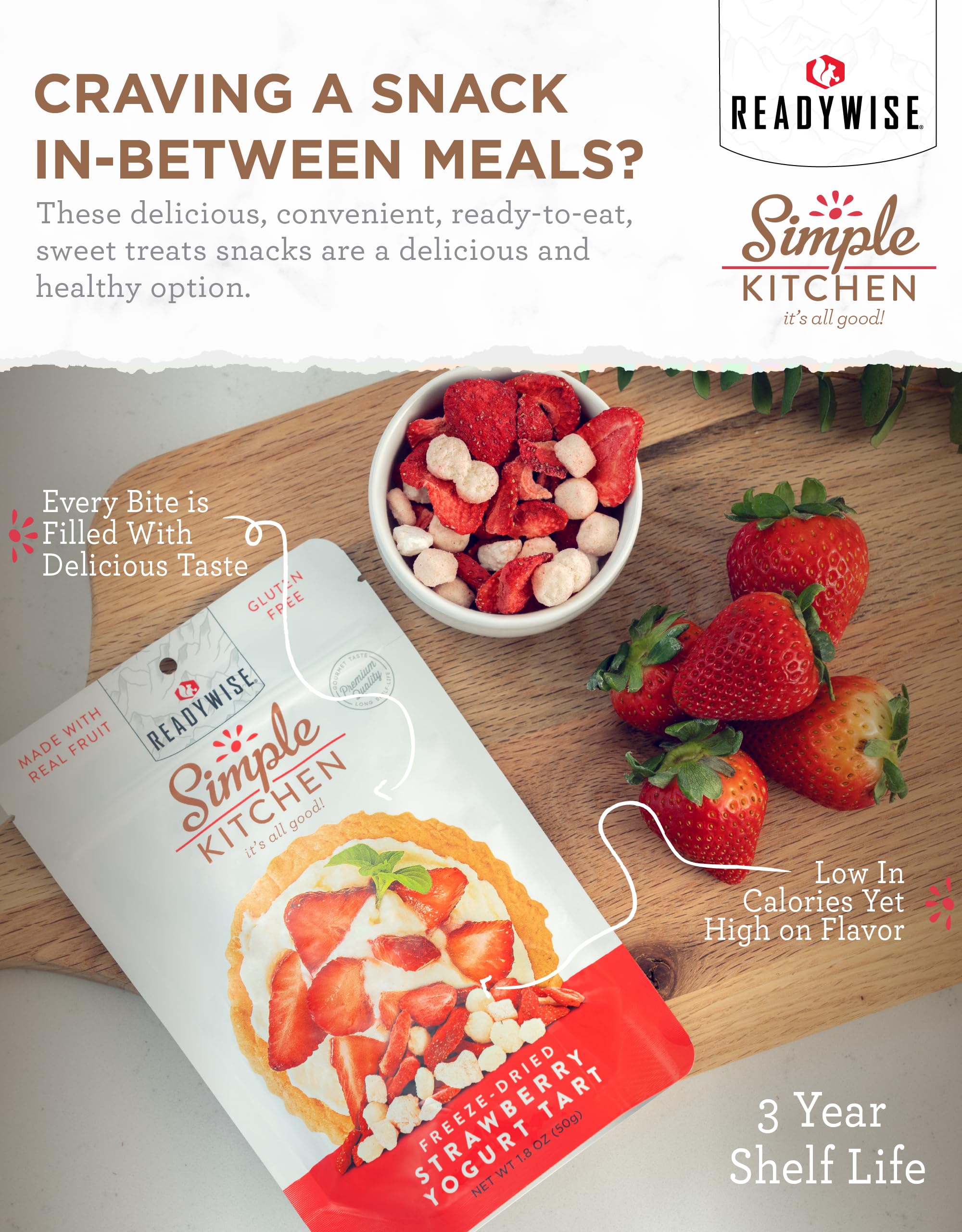READYWISE Simple Kitchen Sweet Treats Variety Pack - 8 Servings, Pack of 4 | Organic Fruit Snacks, Healthy Chips & Gluten-Free Options | Perfect for Camping, Hiking, Backpacking & Emergency Food Storage | Resealable Pouch for Freshness