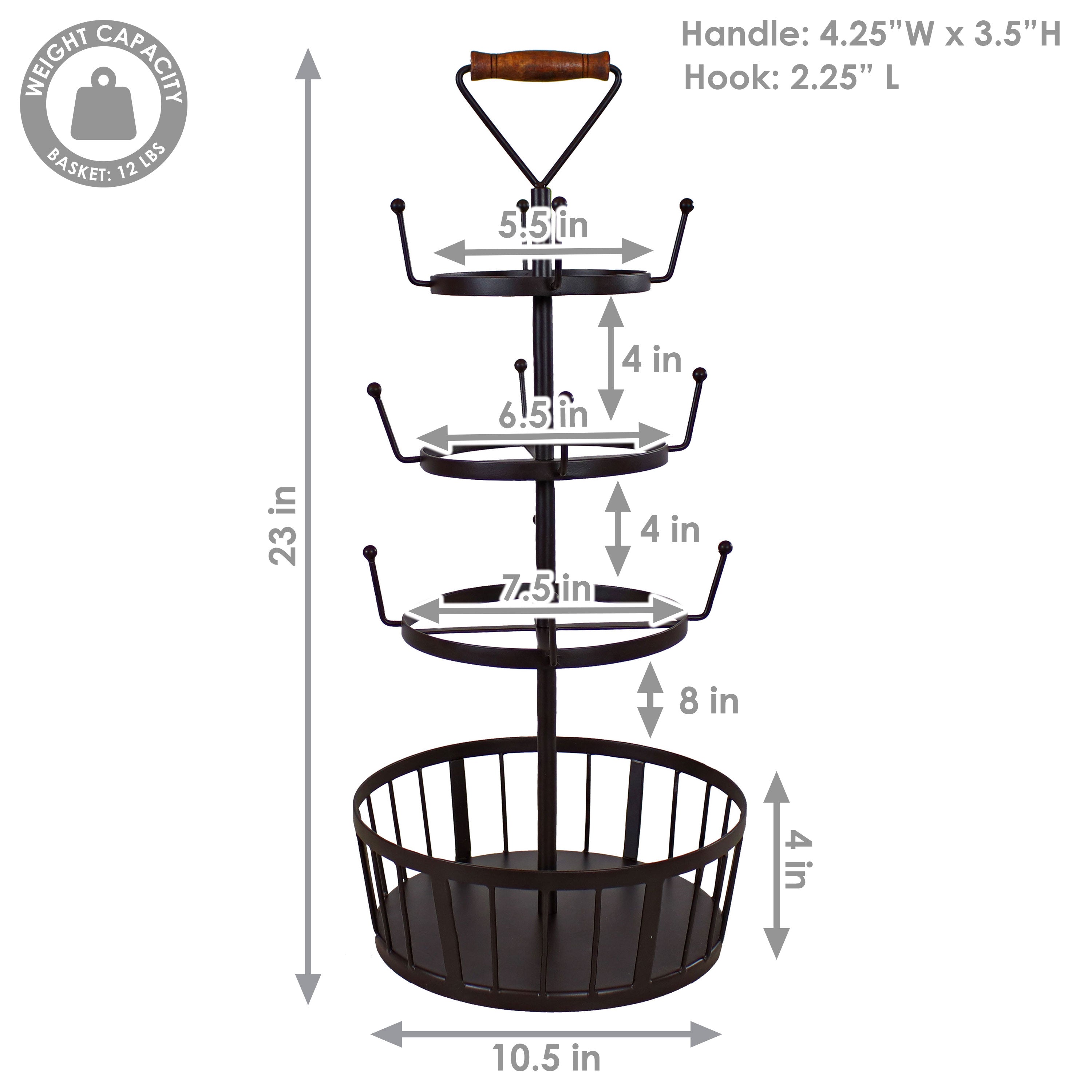 Sunnydaze 4-Tier Round Coffee Mug Tree with Basket - Dark Brown - Perfect for Kitchen, Office, or Dining Room Storage & Organization