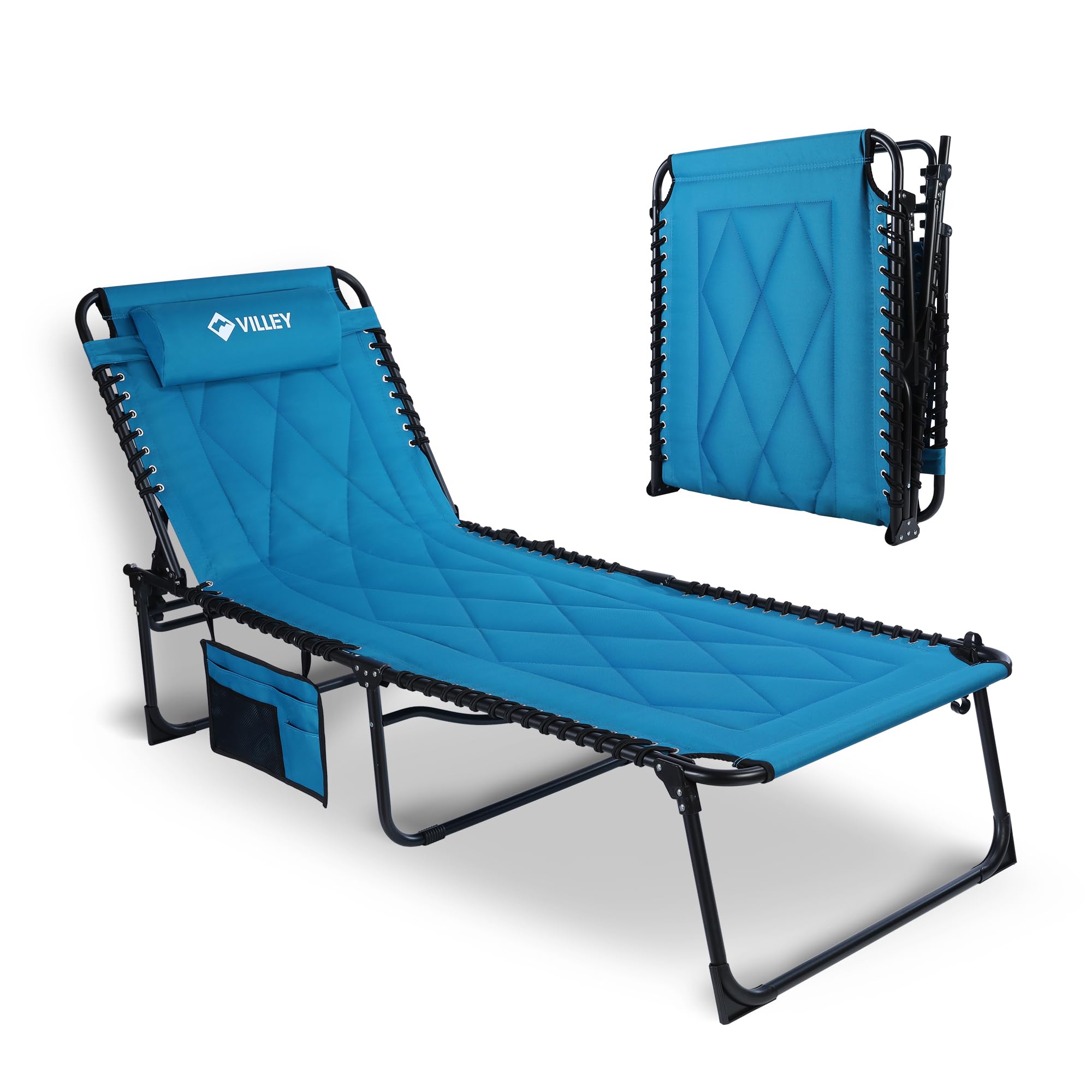 VILLEY Oversized Padded Chaise Lounge Chair with Cushion - Foldable Camping Cot & Patio Recliner - Portable Folding Sleeping Bed for Outdoor, Indoor, Backyard, Garden, Camping, Beach - Perfect for Relaxing, Sunbathing and Lounging