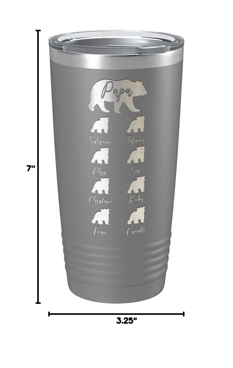 Personalized 20oz Stainless Steel Tumbler with Lid - Custom Engraved Papa Bear Design for Dad, Father's Day Gift, Insulated Cup for Coffee, Tea & Cold Drinks - Perfect for Office, Travel & Outdoor Activities