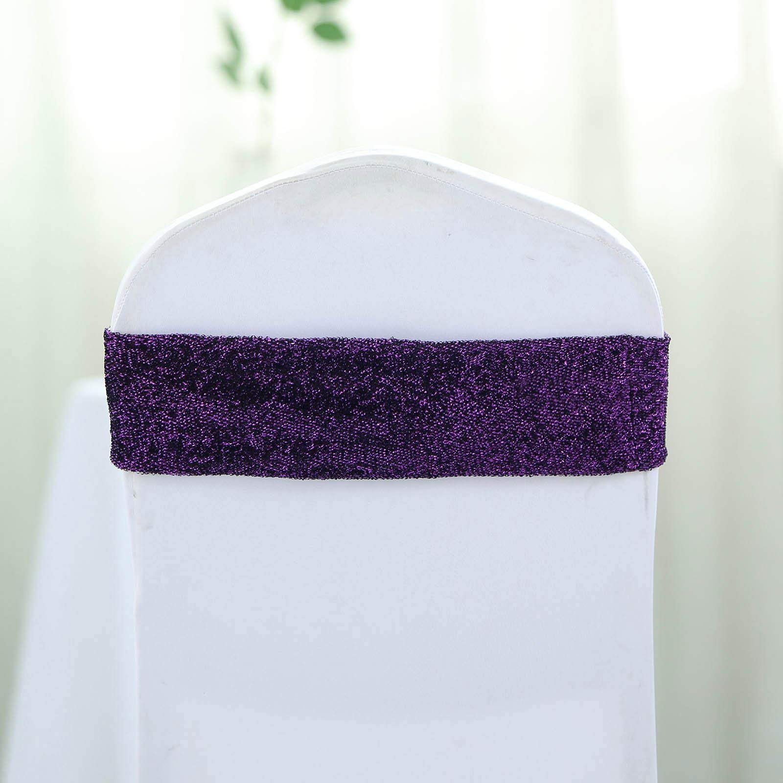 10 Pack Purple Metallic Spandex Chair Sashes & Bows - Elegant Wedding, Party, Banquet Decorations - Perfect for Chair Backs, Table Settings & Venue Decor - Ideal for Bridal Showers, Baby Showers & Anniversary Celebrations - Great for Home Decor, Birthday Parties and Special Events