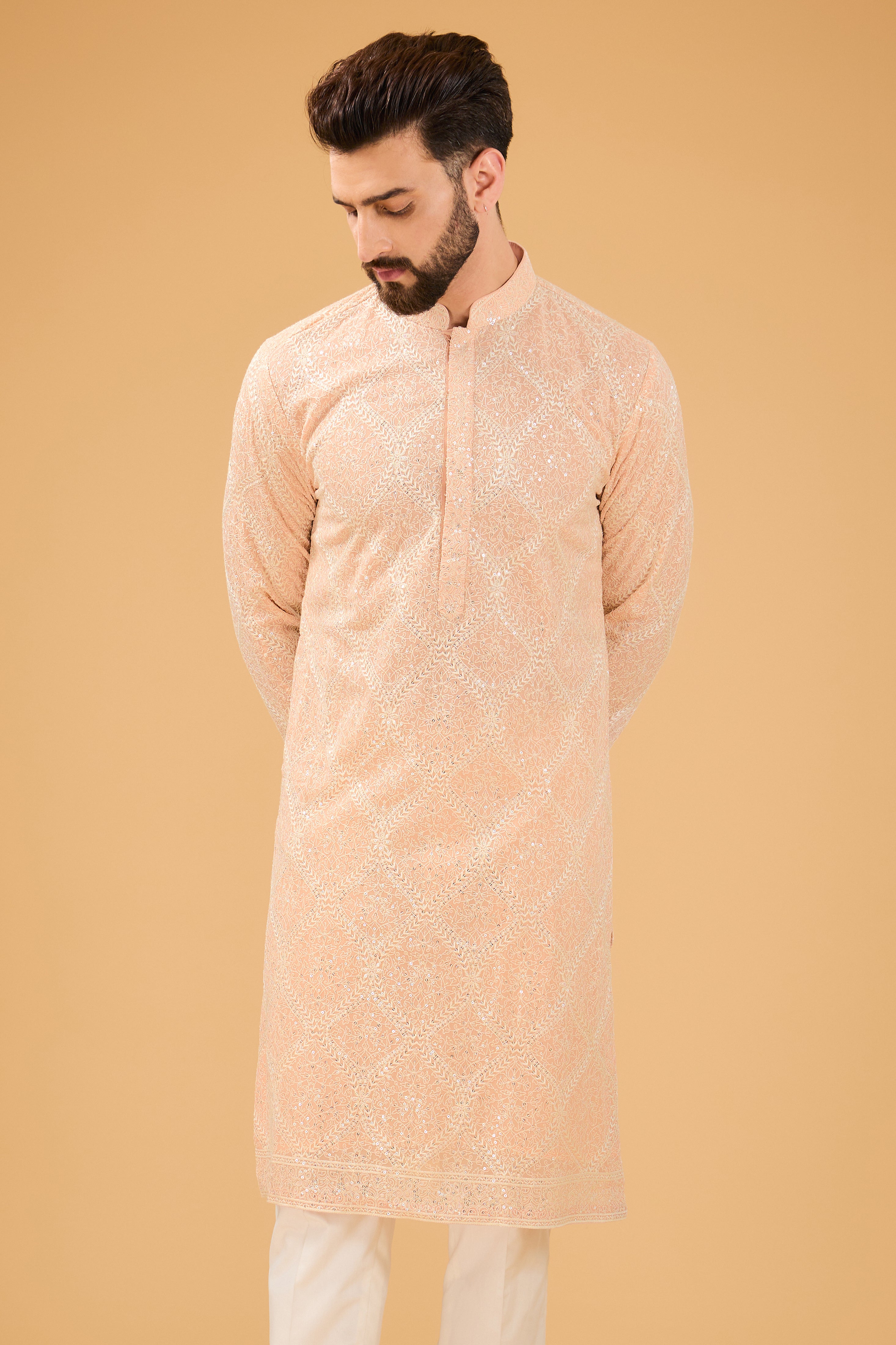 Elegant Pink Chikankari Kurta with Ivory Thread Embroidery - Perfect for Festivals, Weddings & Ethnic Occasions