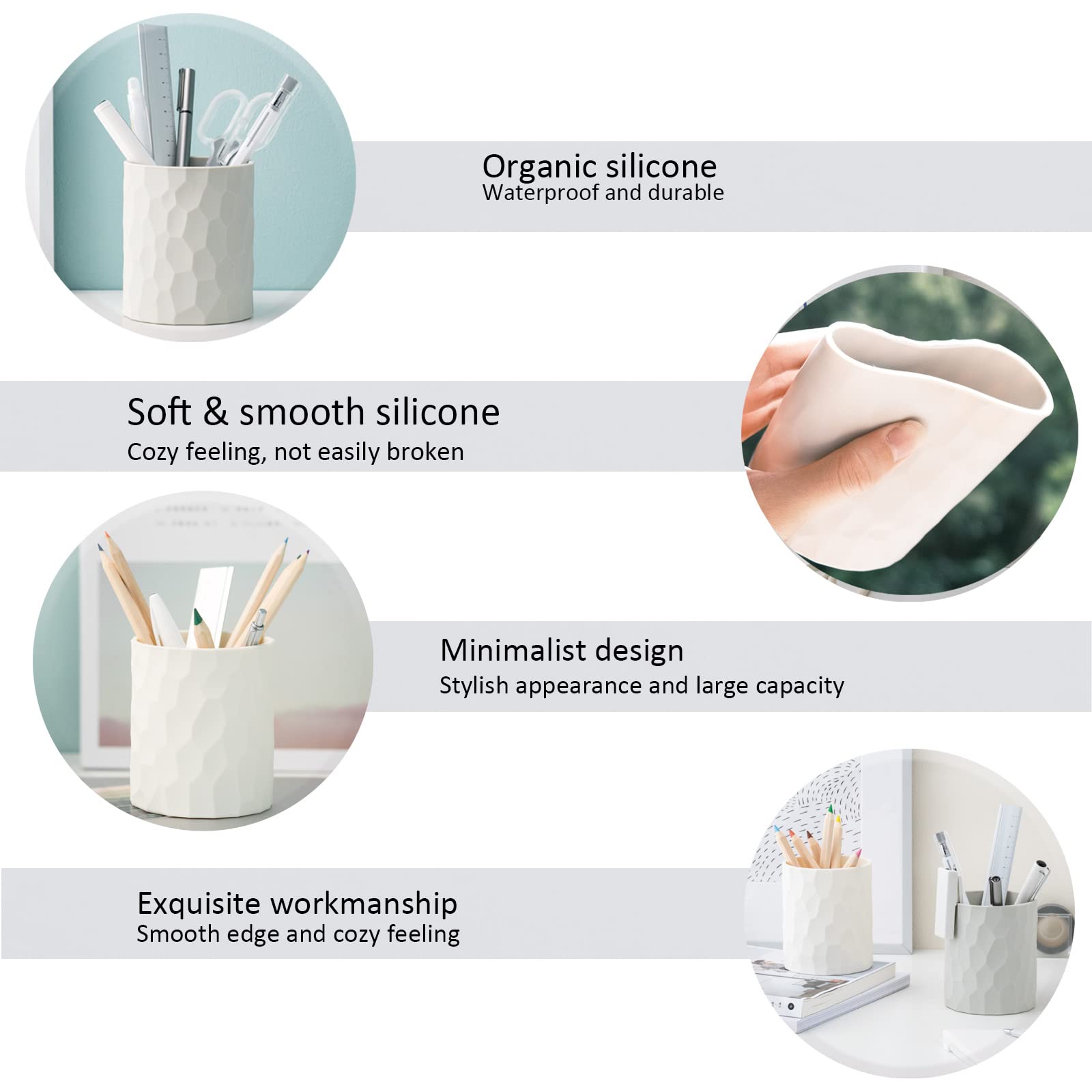 Nordic Style Silicone Waterproof Pen Holder - Modern Minimalist Desk Organizer for Pencils, Makeup & Office Supplies | Home, School & Kids Use | Light Grey