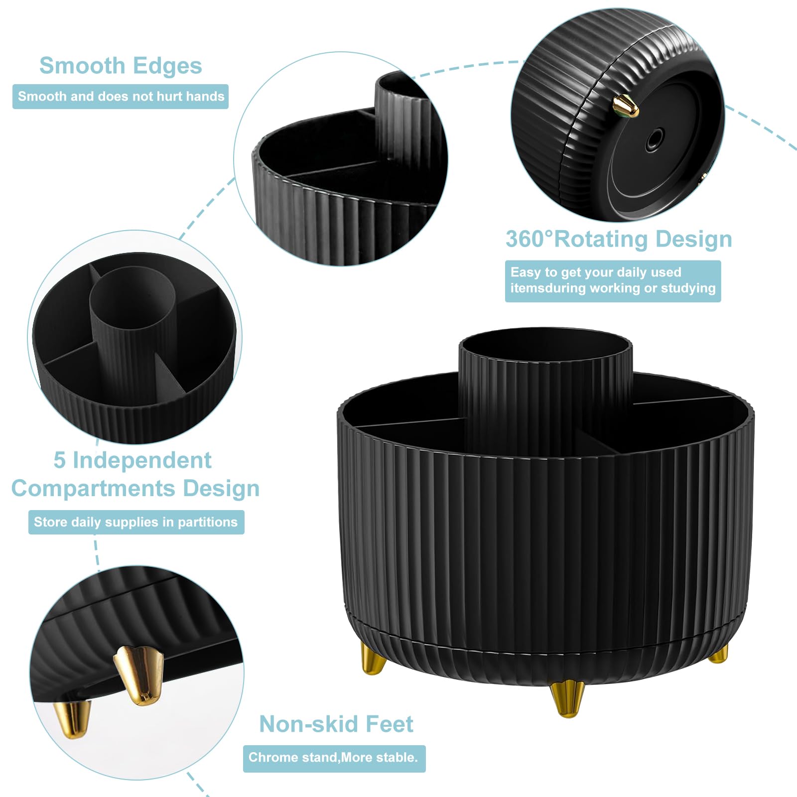 360° Rotating 5-Slot Pencil Holder for Desk - Black | Office, School & Home Desk Organizer for Pens, Markers & Stationery Supplies | Perfect for Workspace, Study & Craft Room Organization