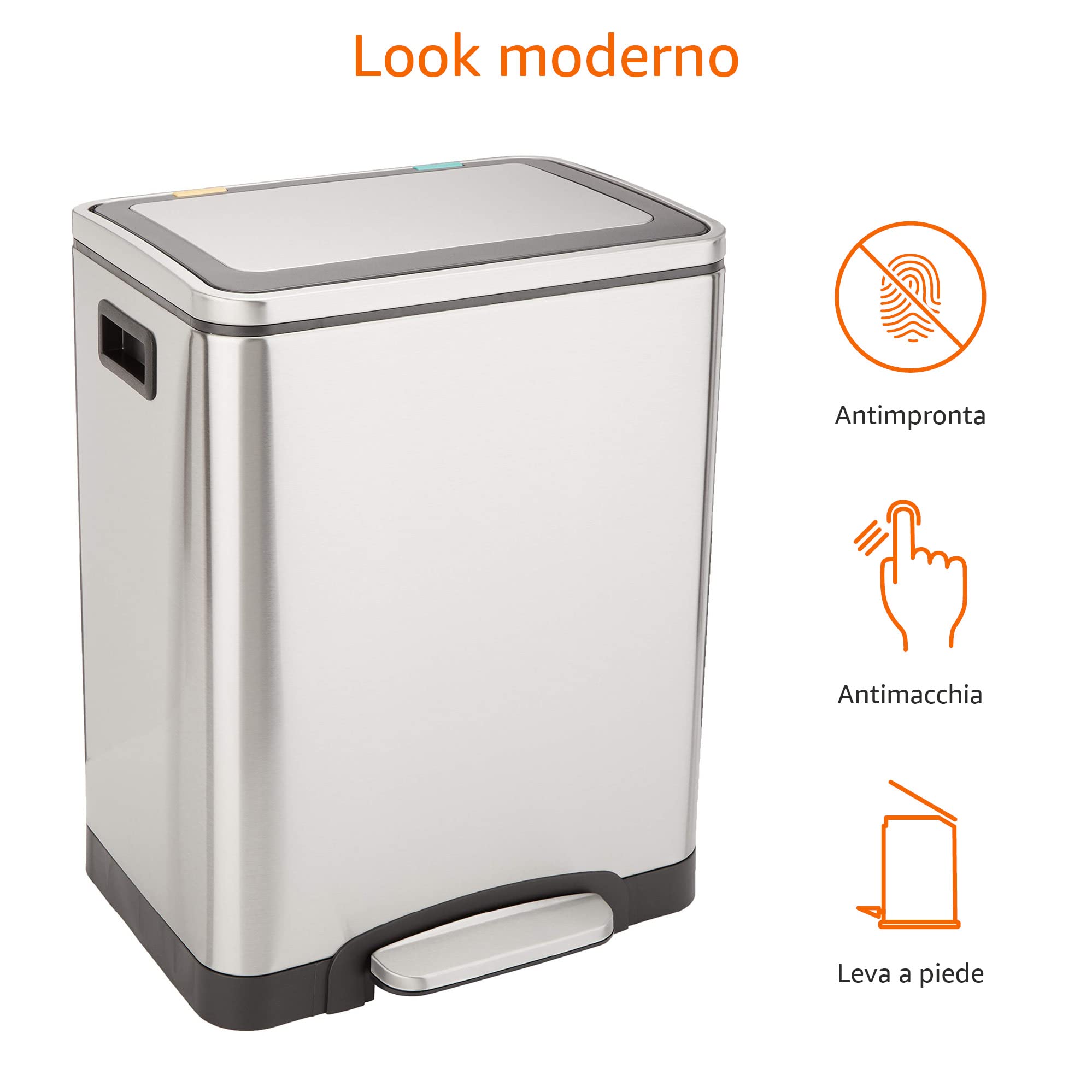 Amazon Basics 30L (2 x 15L) Rectangular Stainless Steel Step Trash Can with Dual Compartments and Soft-Close Lid - Ideal for Kitchen, Bathroom, Office, or Home Use