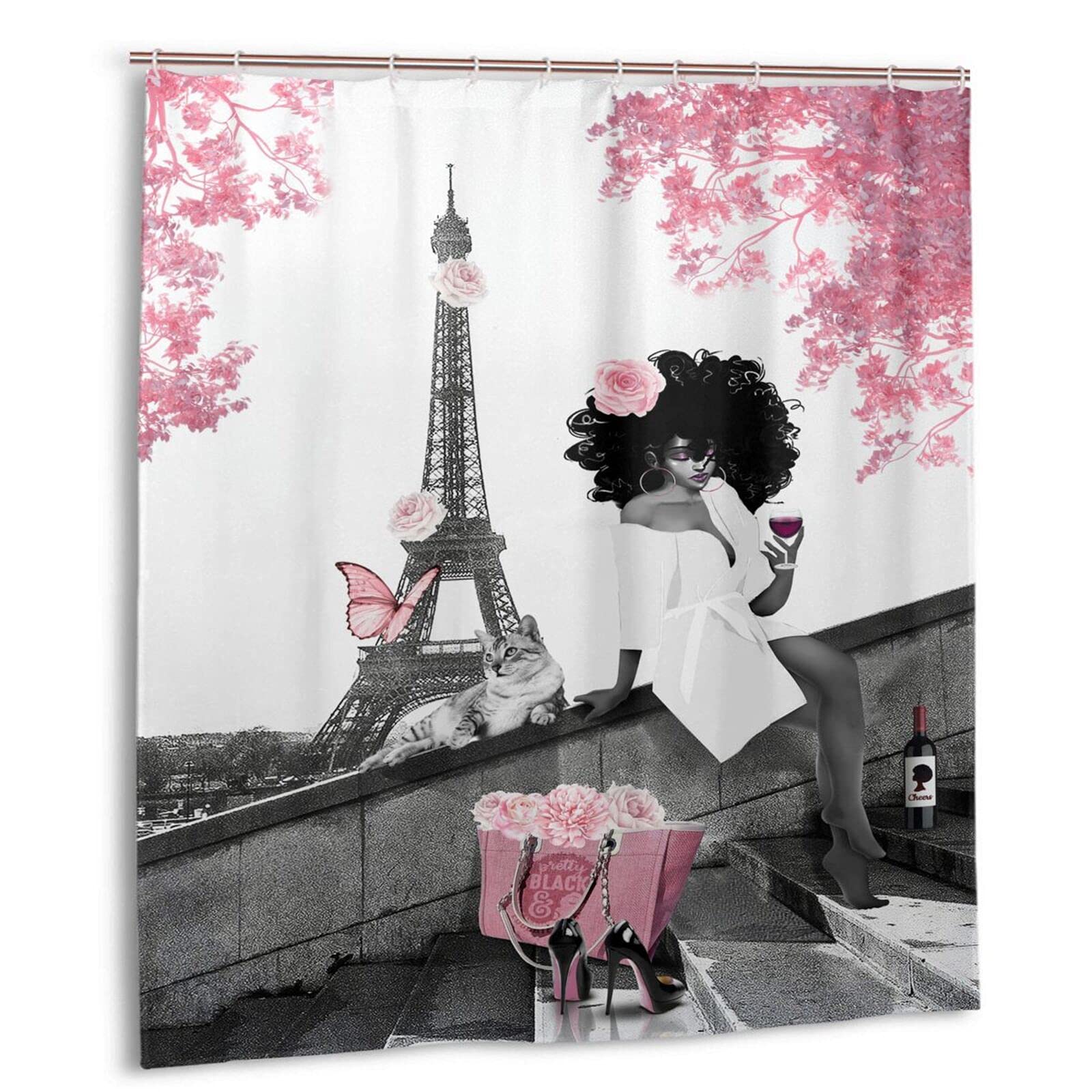 African American Shower Curtain - Stylish Black Woman & Eiffel Tower Design, Grey & Pink Waterproof Polyester Fabric Bath Curtain with Hooks, 66x72 Inches - Perfect for Modern Bathroom Decor & African American Home Aesthetics