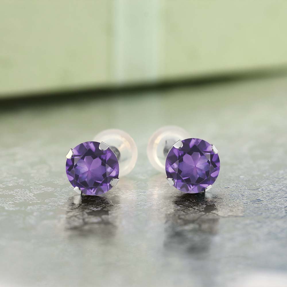 10K White Gold Round Amethyst Stud Earrings for Women & Men - 1.50 CTTW Gemstone Birthstone Jewelry (6mm) | Perfect Gift for Anniversary, Birthday & Valentine's Day