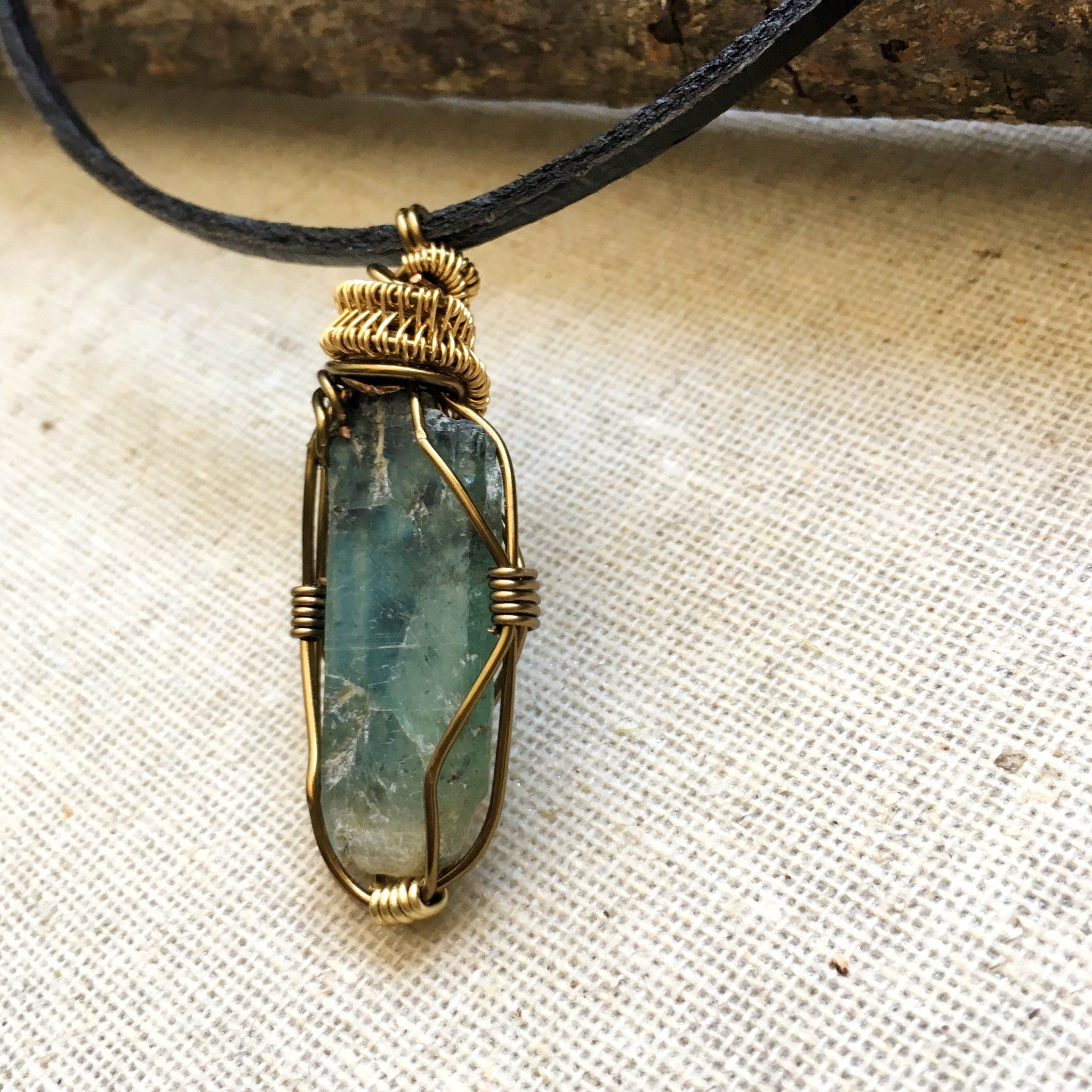 Handmade Gold & Antique Bronze Wire Wrapped Raw Green Kyanite Pendant Necklace - Natural Crystal Jewelry for Women, Boho Chic Gift, Spiritual Healing & Everyday Wear