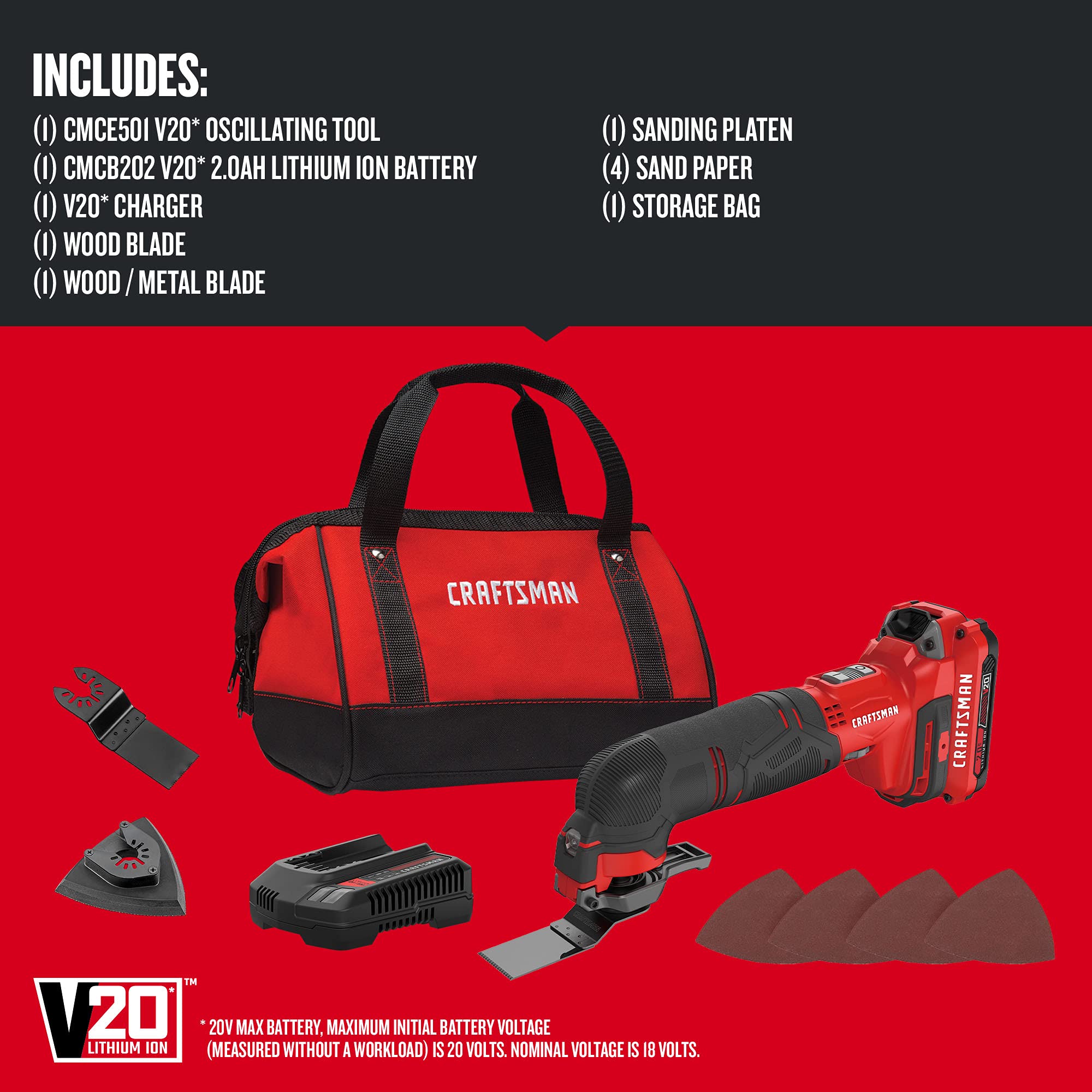 CRAFTSMAN V20 Cordless Oscillating Multi-Tool Kit with 12 Accessories - Blades, Sandpaper, Battery & Charger Included (CMCE501D1) - Perfect for DIY Projects, Woodworking, Home Repairs & Renovations