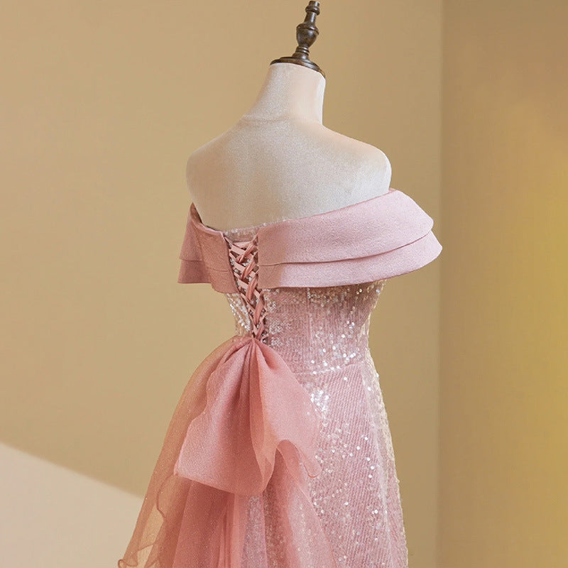 Sparkling Off Shoulder Long Prom Dress with Train - Elegant Shiny Pink Evening Gown for Homecoming, Pageant & Formal Events | Perfect for Prom Night, Wedding Guest & Special Occasions