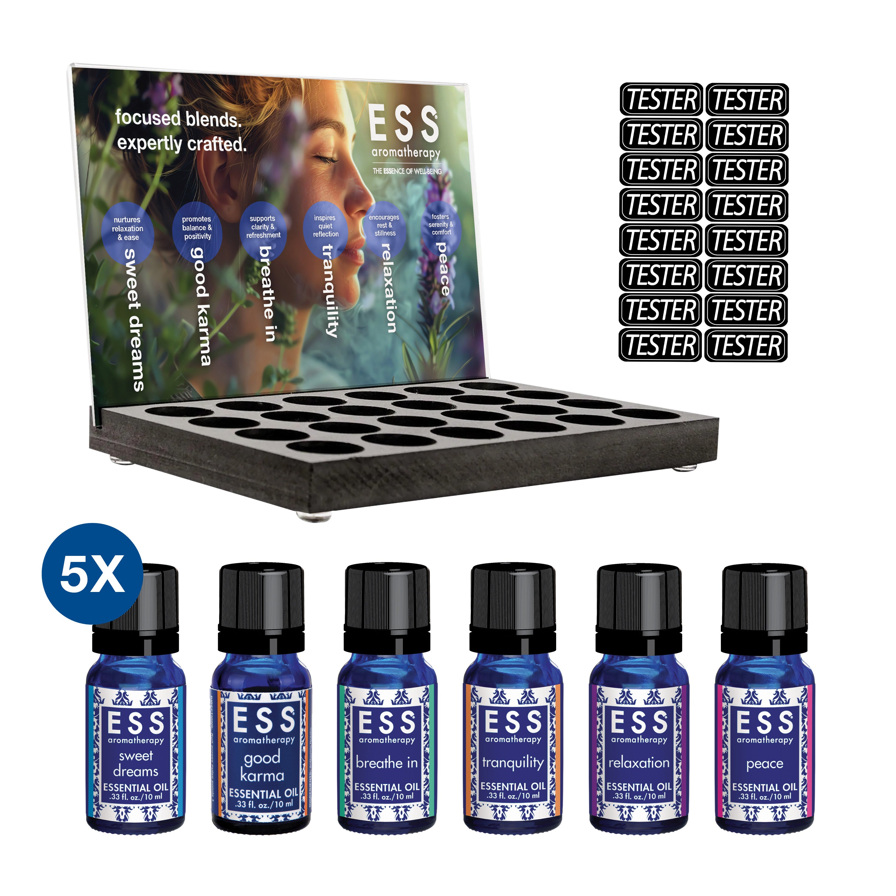 ESS Aromatherapy Pure Essential Oil Blends - 33 Piece Retail Display Set for Relaxation, Stress Relief & Home Spa Use