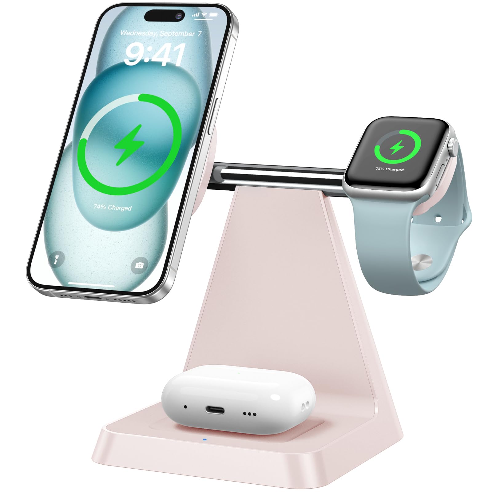 3-in-1 Magnetic Wireless Charging Station for iPhone 16/15/14/13/12 Pro Max & Apple Watch - Fast Qi-Certified Charger Stand for Multiple Devices | Perfect for Nightstand, Office Desk & Travel