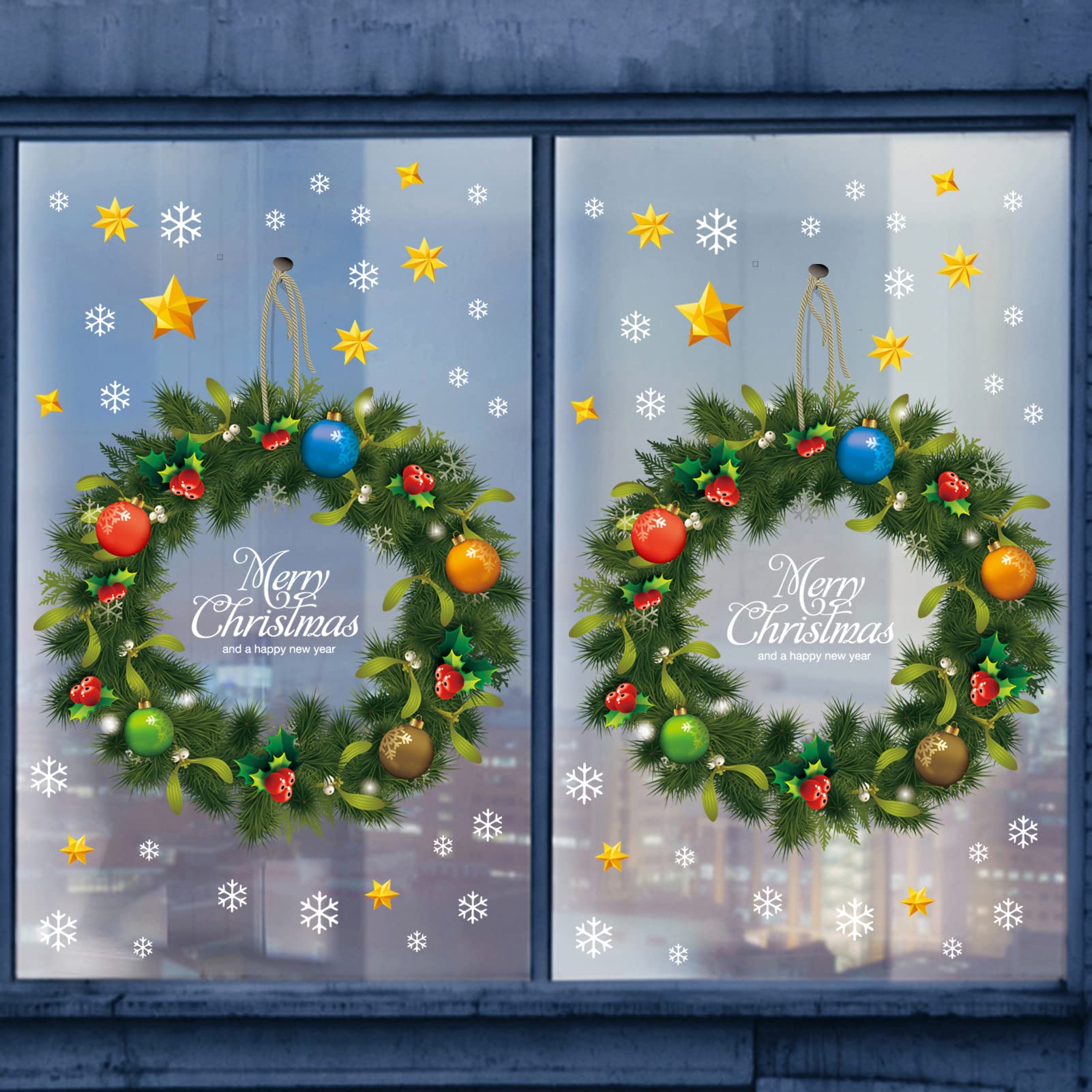 Eutecado Christmas Wreath Window Clings - 2 Pack Green Holiday Wreath Stickers with Festive Balls & Fruits Design, Snowflake Printed Window Decals for Christmas Home Decor - Perfect for Living Room, Bedroom & Office Windows