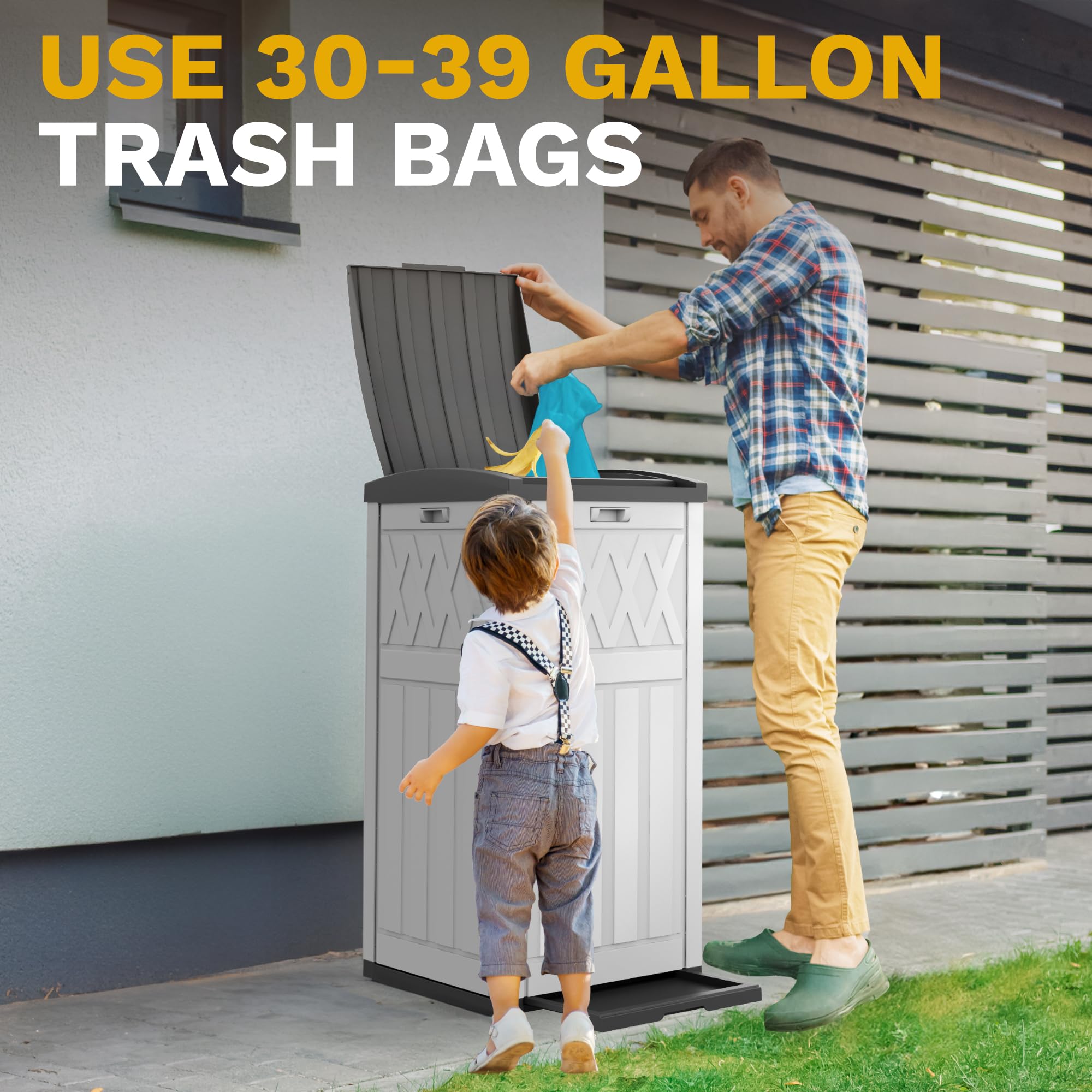 DWVO 38 Gallon Outdoor Trash Can with Tiered Lid & Drip Tray - Waterproof Resin Garbage Bin for Patio, Kitchen, Backyard - Heavy Duty Grayish-White Trash Container for Home, Garden & Commercial Use
