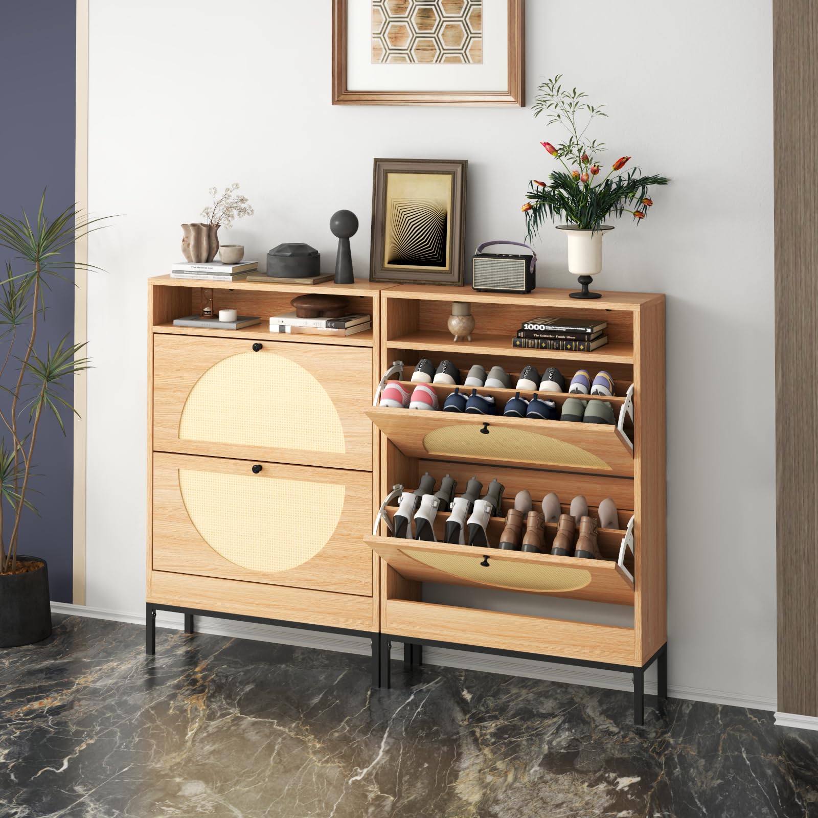 Rattan Shoe Cabinet with 2 Flip Drawers - Slim Shoe Closet Organizer, Hidden Shoe Storage for Entryway, Hallway, Living Room - Perfect for Small Spaces & Apartment Decor