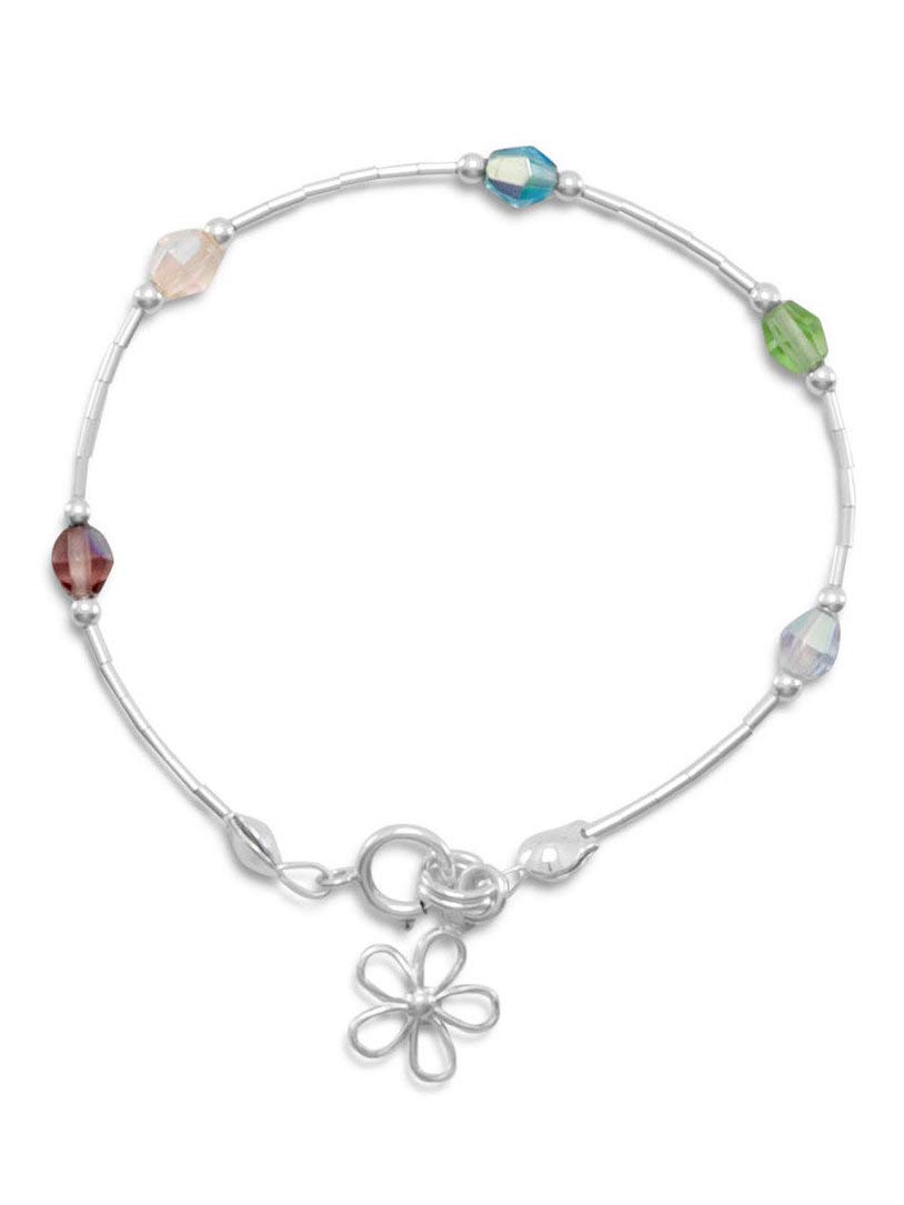 Liquid Silver Flower Charm Bracelet with Crystals - USA Made for Gifts & Parties