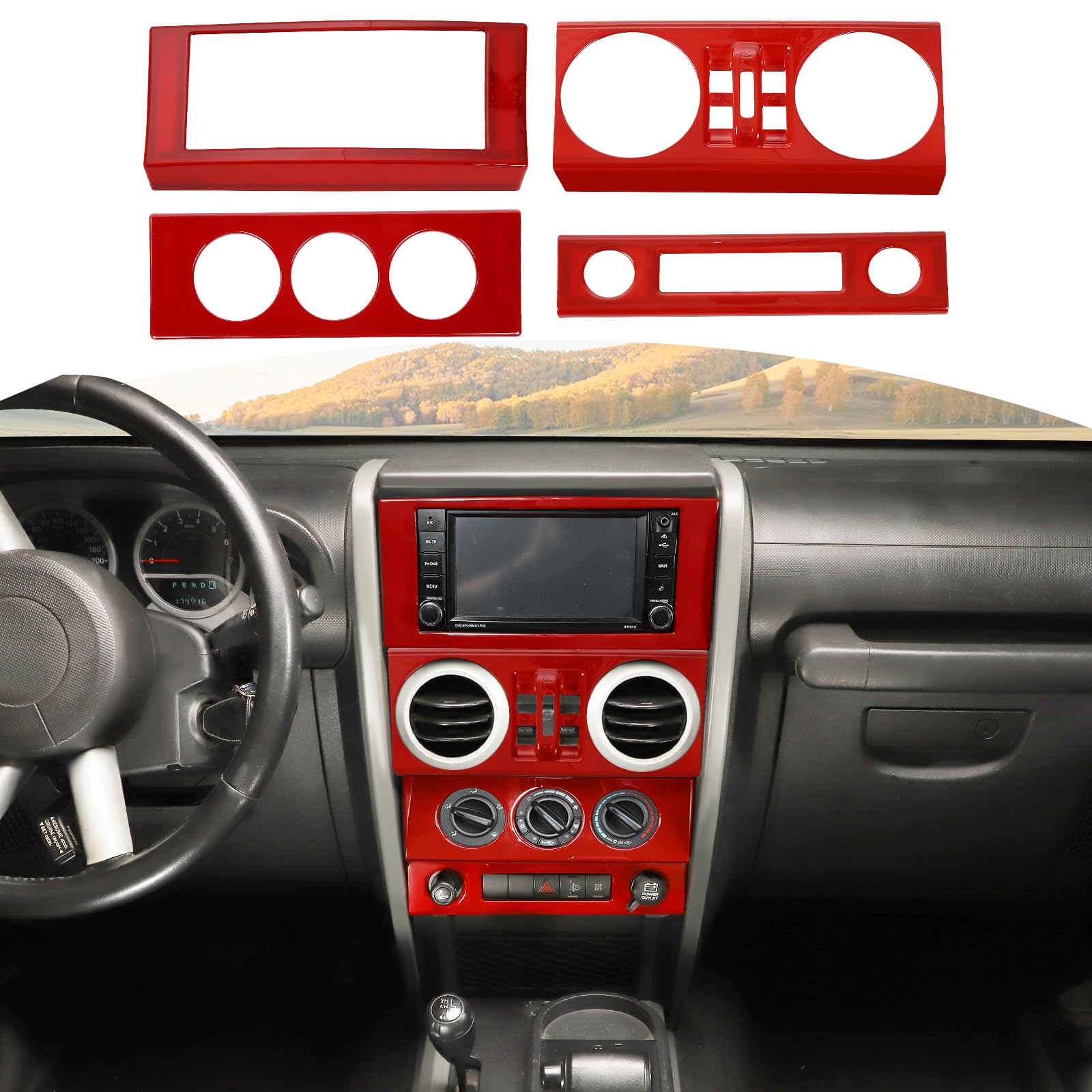Red RT-TCZ Dashboard Center Console Control Panel Trim Cover for Jeep Wrangler JK JKU (2007-2010) - Interior Accessories Set of 4pcs - Upgrade Your Ride for Off-Road Adventures & Daily Commuting