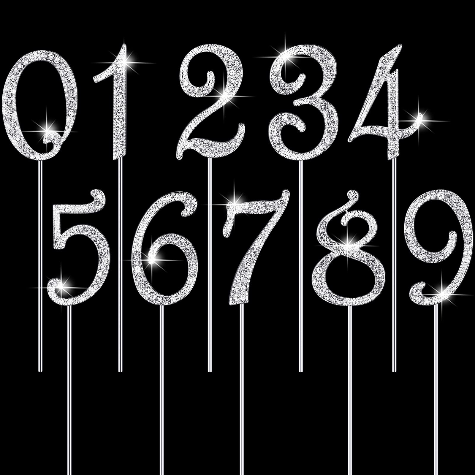 Silver Numbers 0-9 Cake Topper Set with Mini Diamond Gems - Bling Rhinestone Birthday Cake Decorations for Weddings, Anniversaries & Parties (10-Piece) - Perfect for DIY Desserts, Cupcake Toppers & Special Occasion Cakes