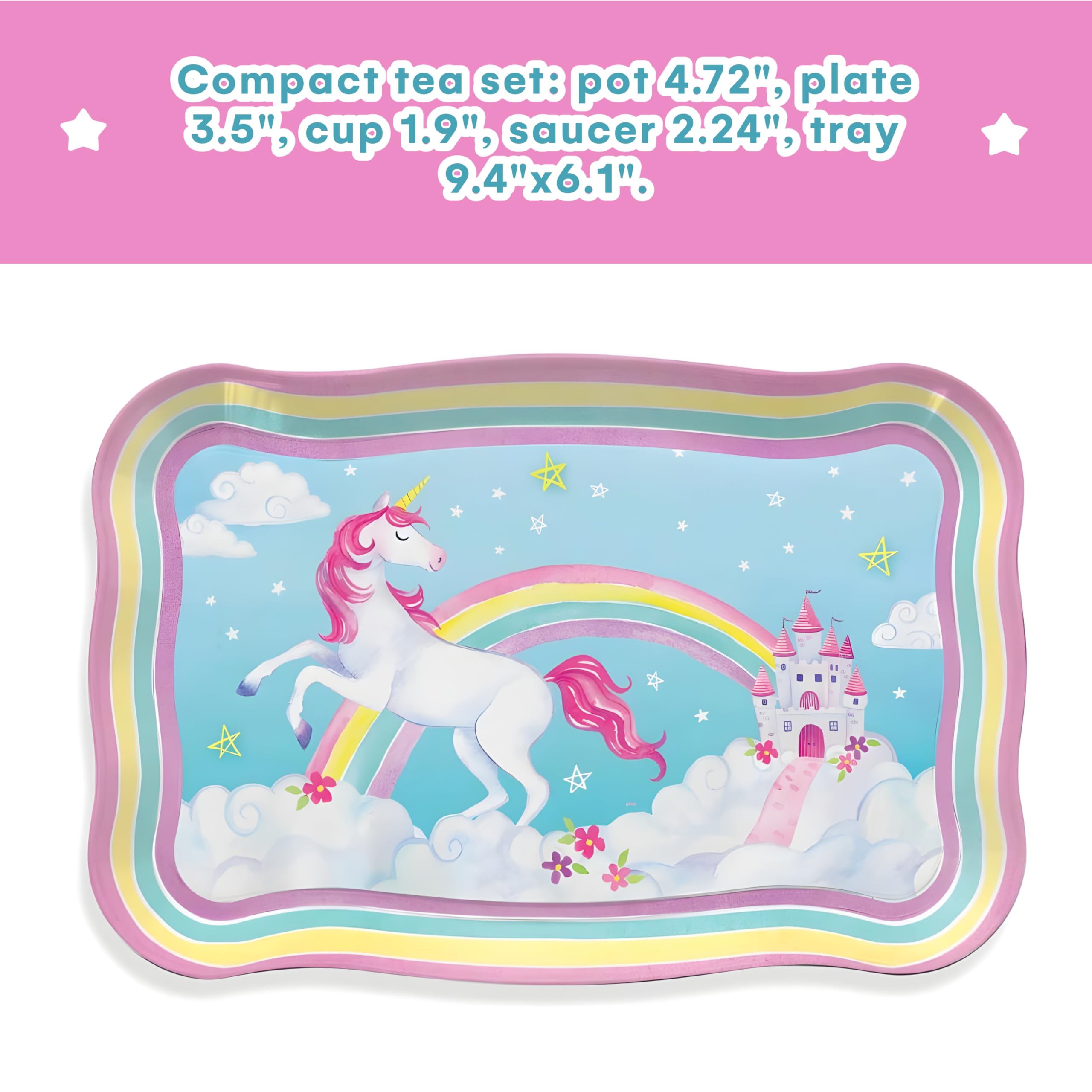 Jewelkeeper 15-Piece Kids Tea Set for Little Girls - Unicorn Design Tin Tea Party Set with Cups, Saucers, Plates & Serving Tray - Pretend Play Princess Tea Time Toy for Toddlers - Perfect for Birthday Gifts, Tea Parties & Indoor Pretend Play