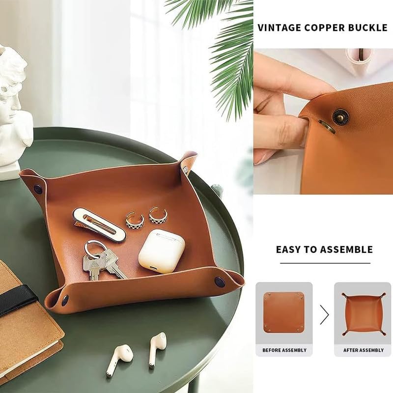 Omdhanu Genuine Leather Jewelry Valet Tray - Foldable Storage Organizer for Jewelry, Perfume & Cosmetics | Office Desk Accessory & Travel Essential (1PC) - Perfect for Home, Office & Travel Organization